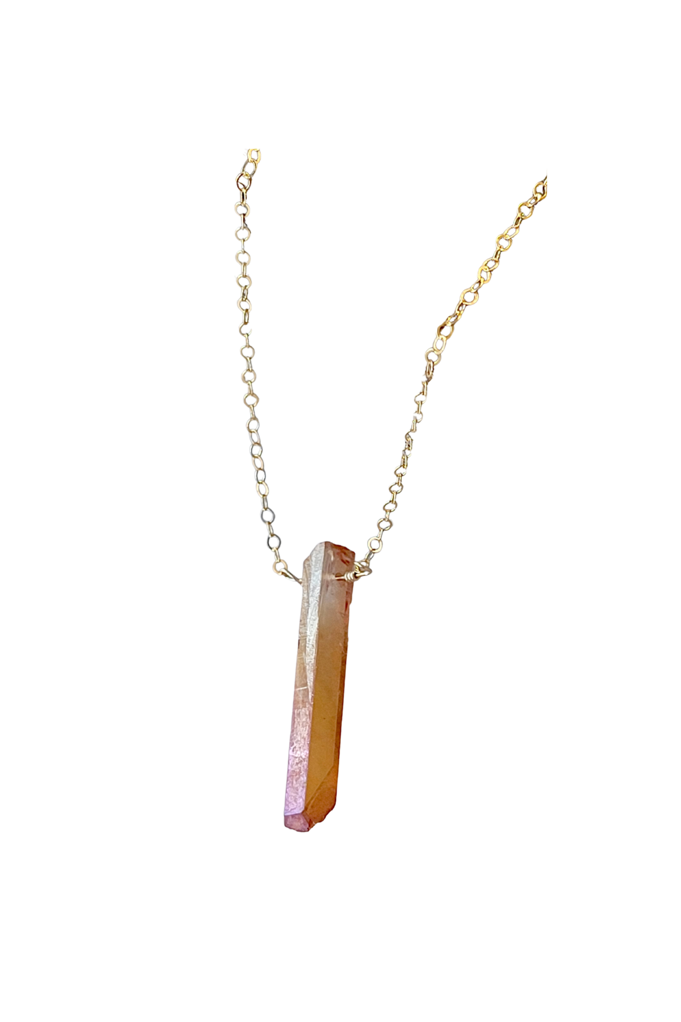 Raw Peach Quartz Crystal Pendant Necklace in Gold