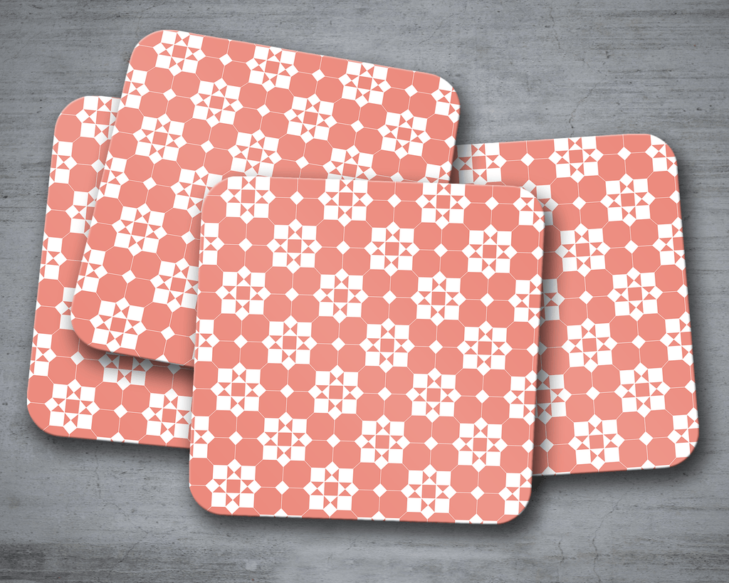 Coral and White Geometric Tiles Design Coasters, Table Decor Drinks Mat