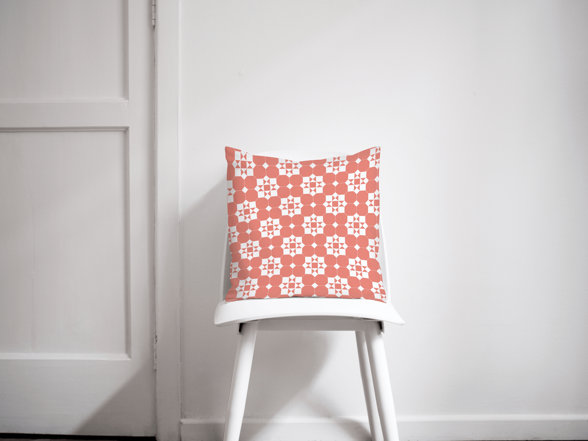 Coral and White Geometric Tiles Design Cushion, Throw Pillow