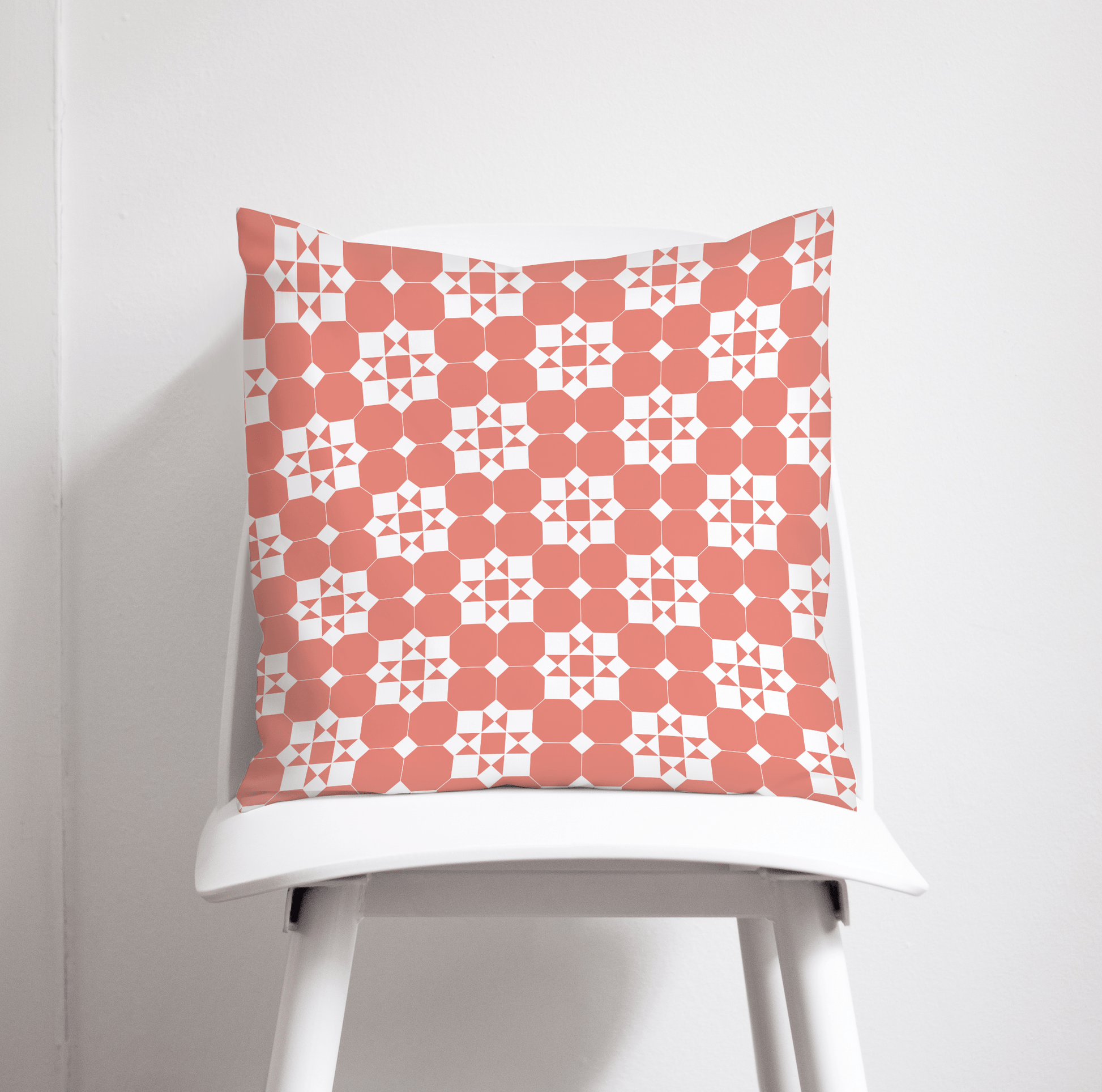 Coral and White Geometric Tiles Design Cushion, Throw Pillow
