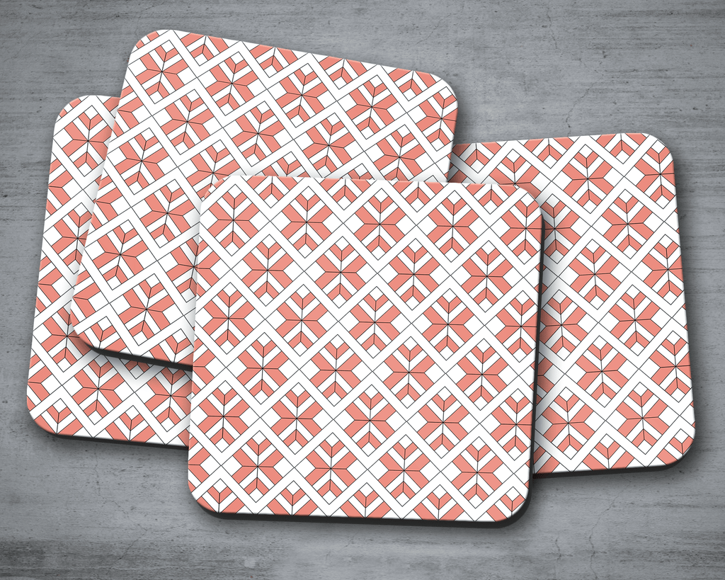 Coral and White Geometric Design Coasters, Table Decor Drinks Mat