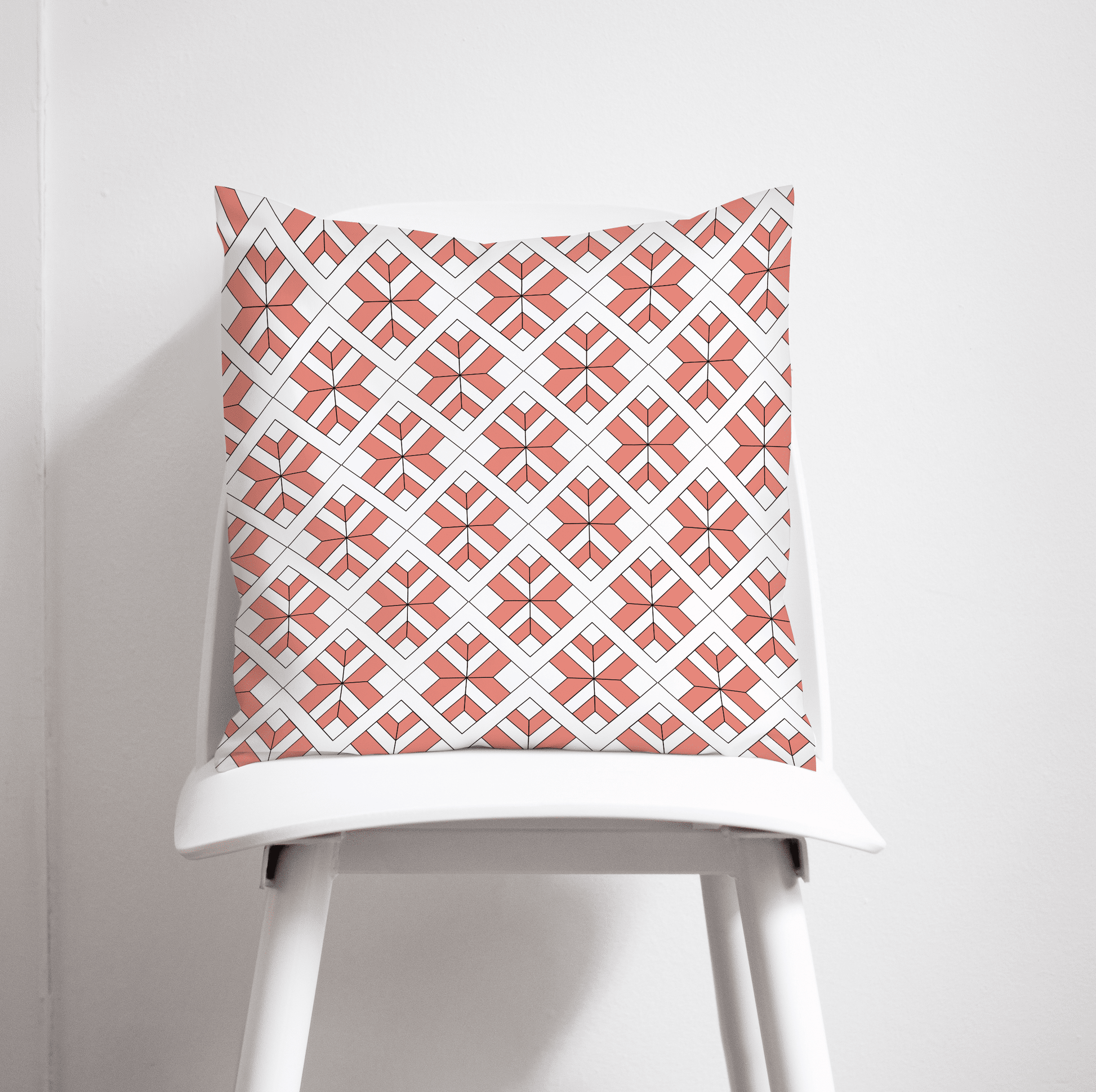 Coral and White Geometric Design Cushion, Throw Pillow