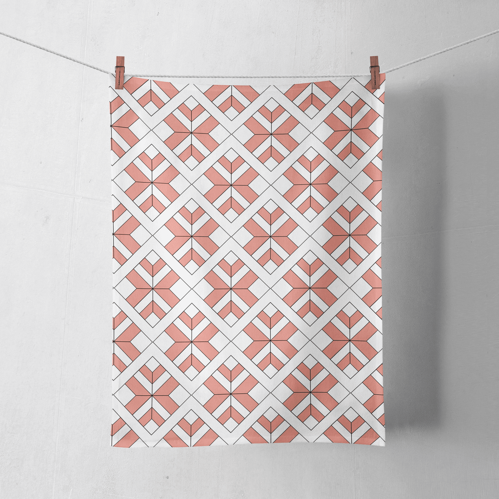 Coral and White Tea Towel with a Geometric Design, Dish Towel, Kitchen Towel