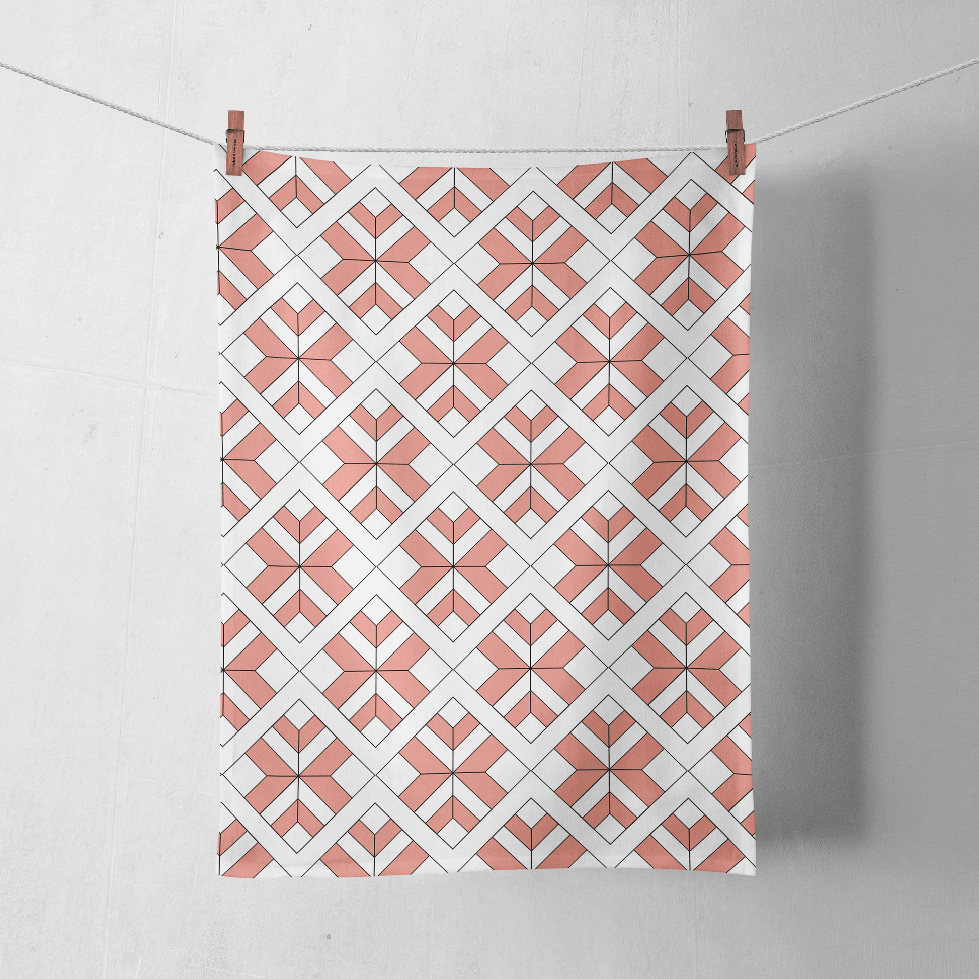 Coral and White Tea Towel with a Geometric Design, Dish Towel, Kitchen Towel