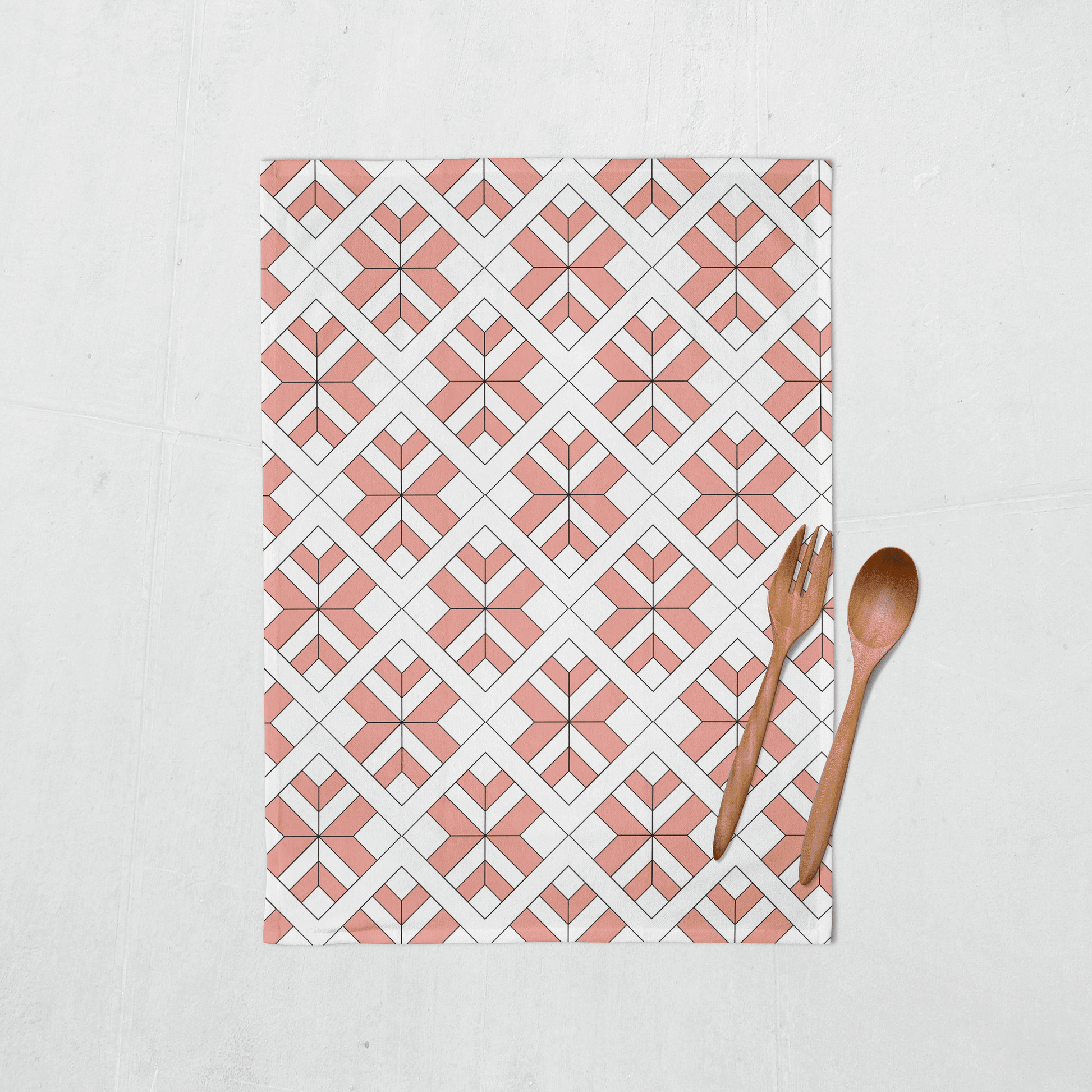 Coral and White Tea Towel with a Geometric Design, Dish Towel, Kitchen Towel