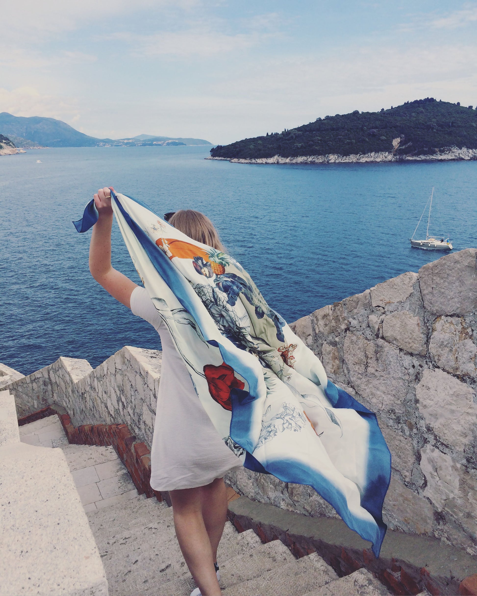 Blue Crustacean Silk Large Square Scarf with Crab and Tulip Design