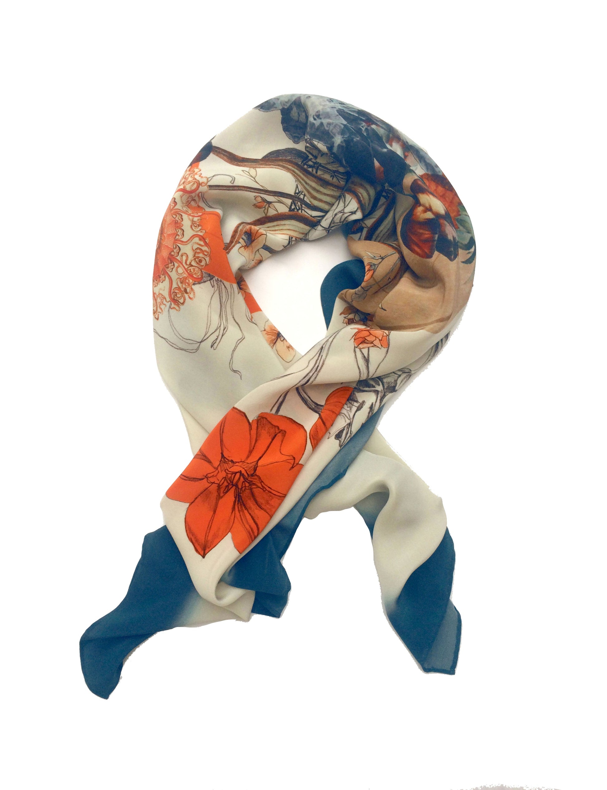 Blue Crustacean Silk Large Square Scarf with Crab and Tulip Design