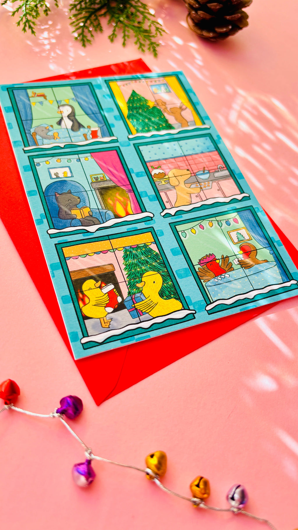 Illustrated animals Christmas scene A6 greetings card