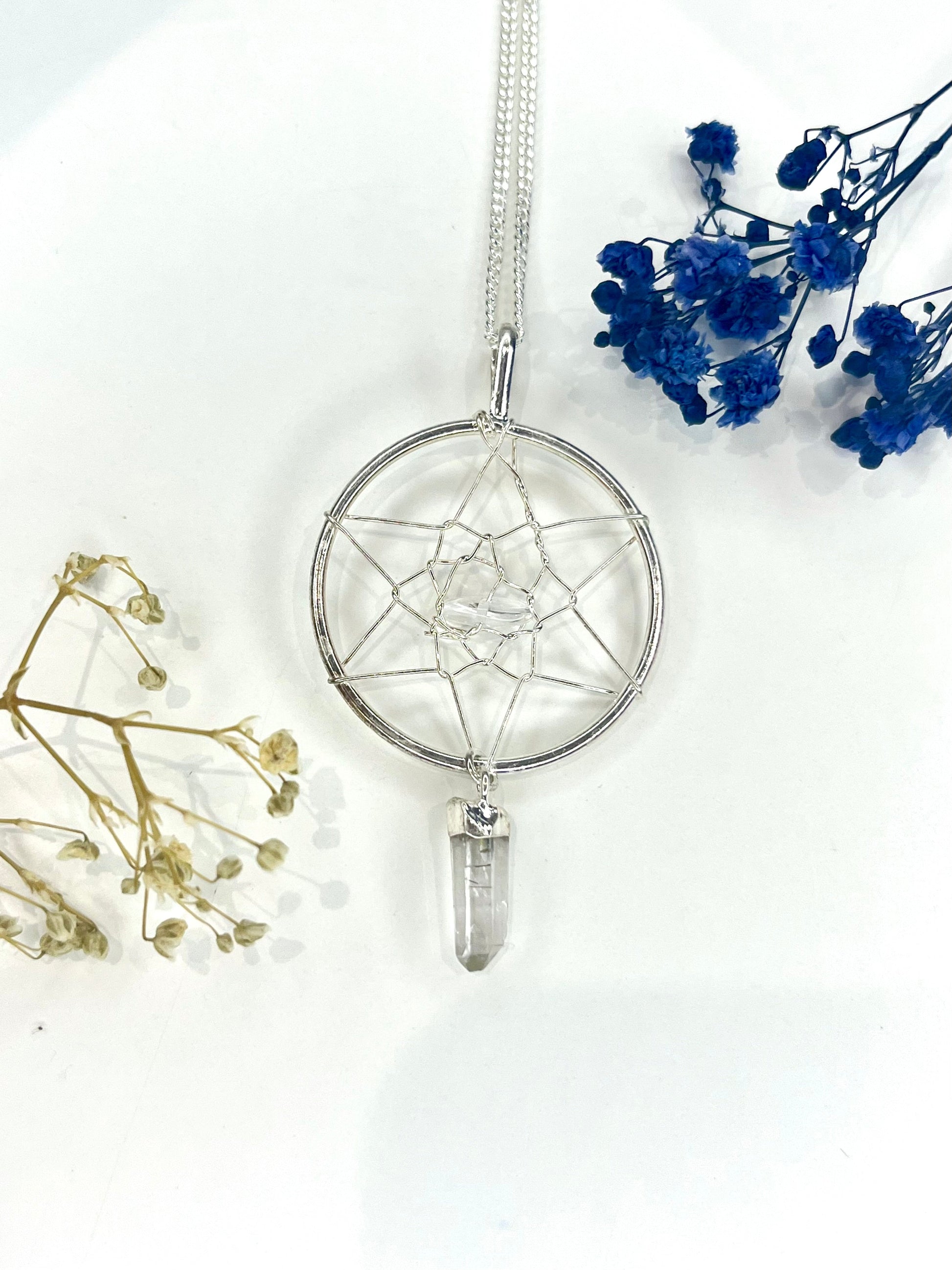 Quartz Dreamcatcher Pendant Necklace with Silver Plated Chain