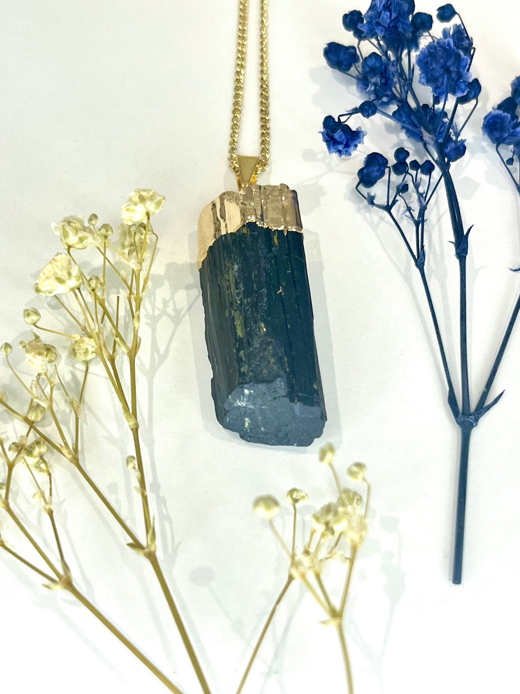Gold Plated Black Tourmaline Wand Necklace for Protection and Grounding