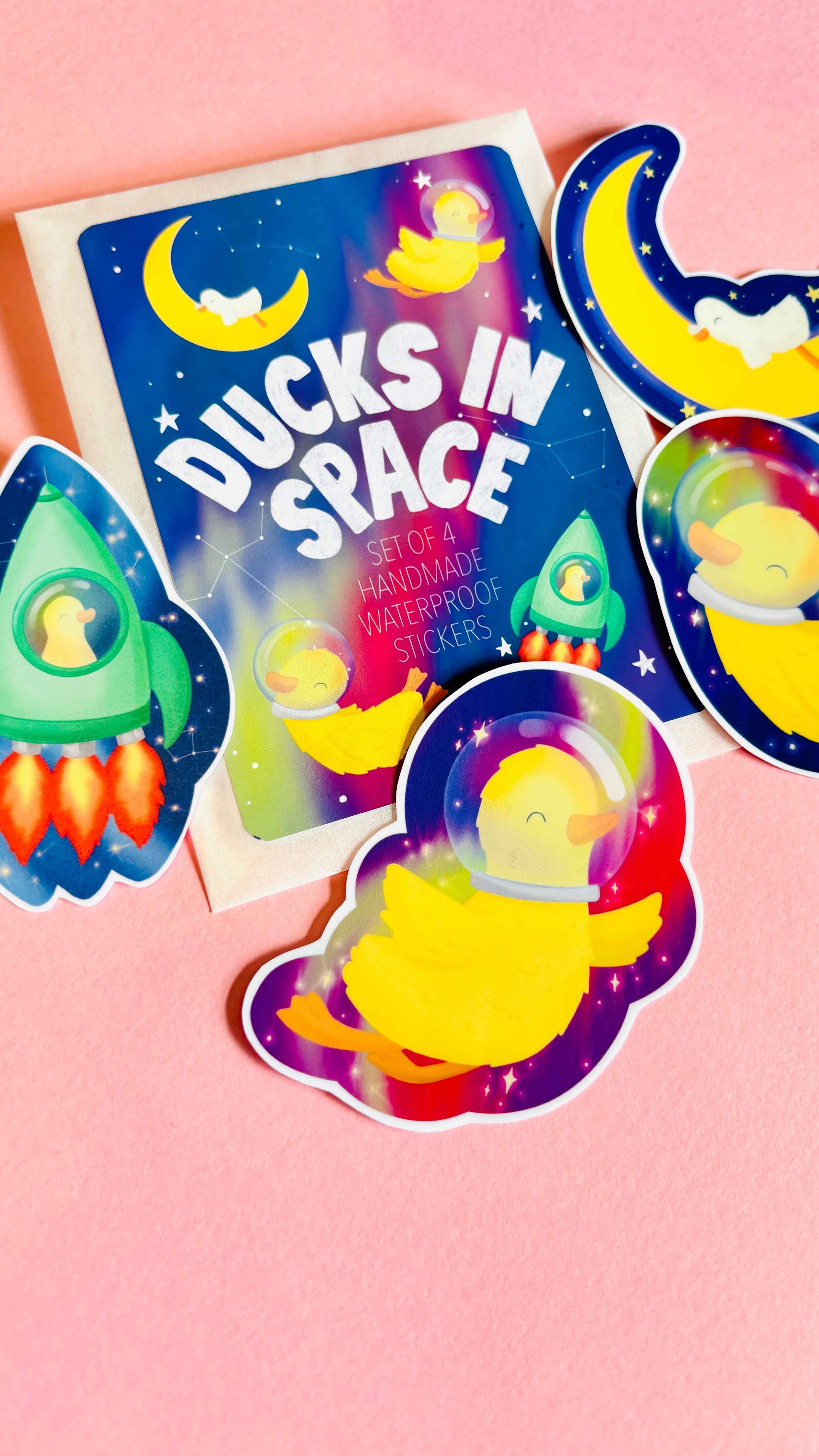Space Duck Sticker Set- 4 Handmade 7cm Waterproof Vinyl Stickers