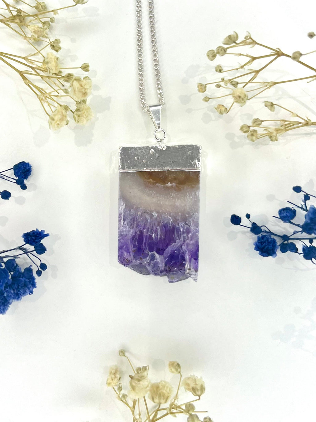 Natural Amethyst Slice Necklace with Silver Chain
