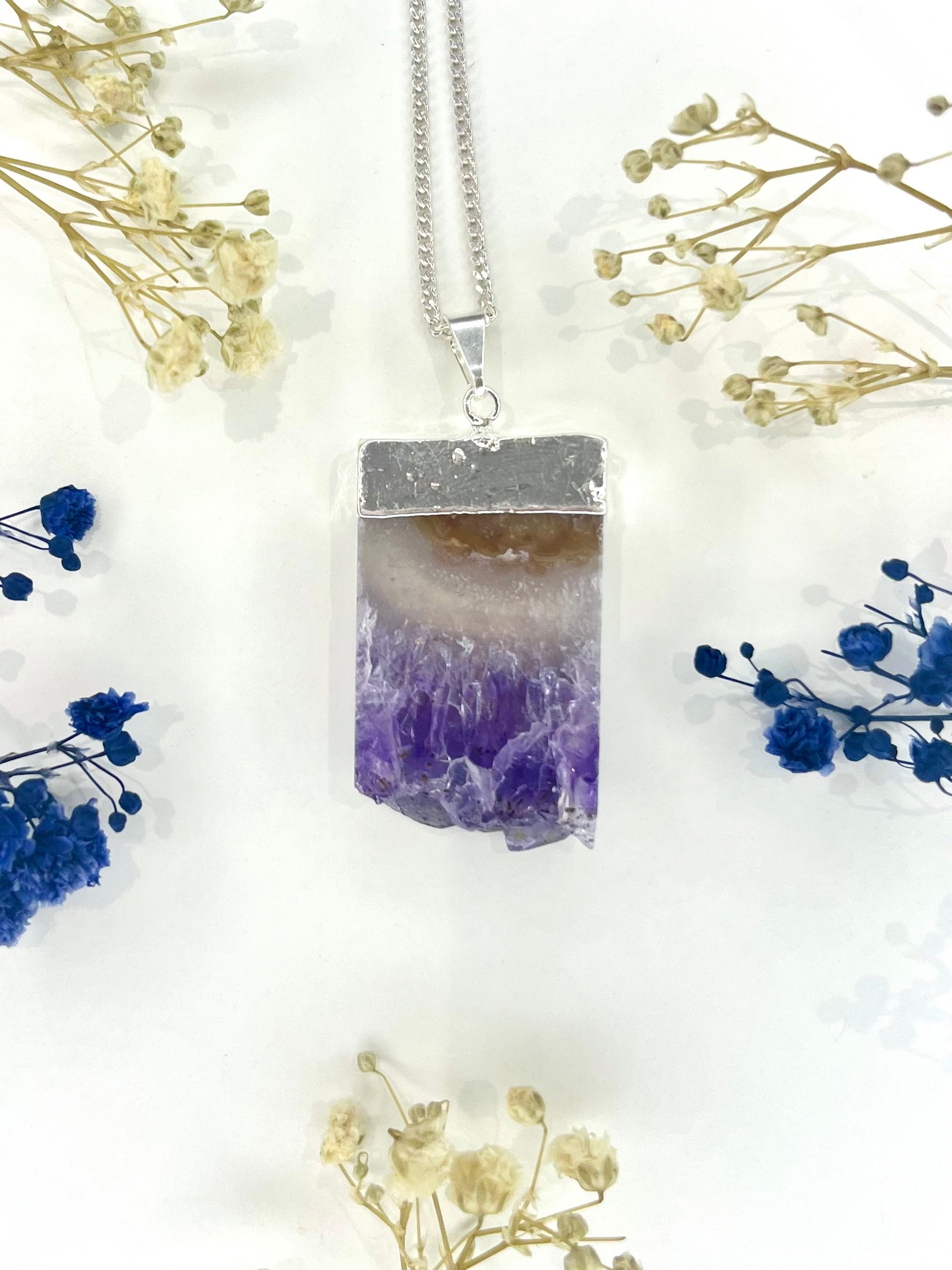 Natural Amethyst Slice Necklace with Silver Chain