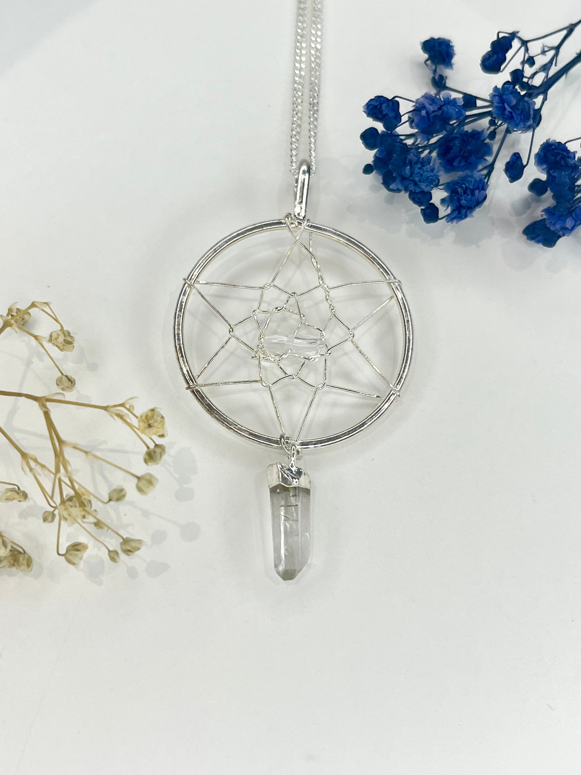 Quartz Dreamcatcher Pendant Necklace with Silver Plated Chain