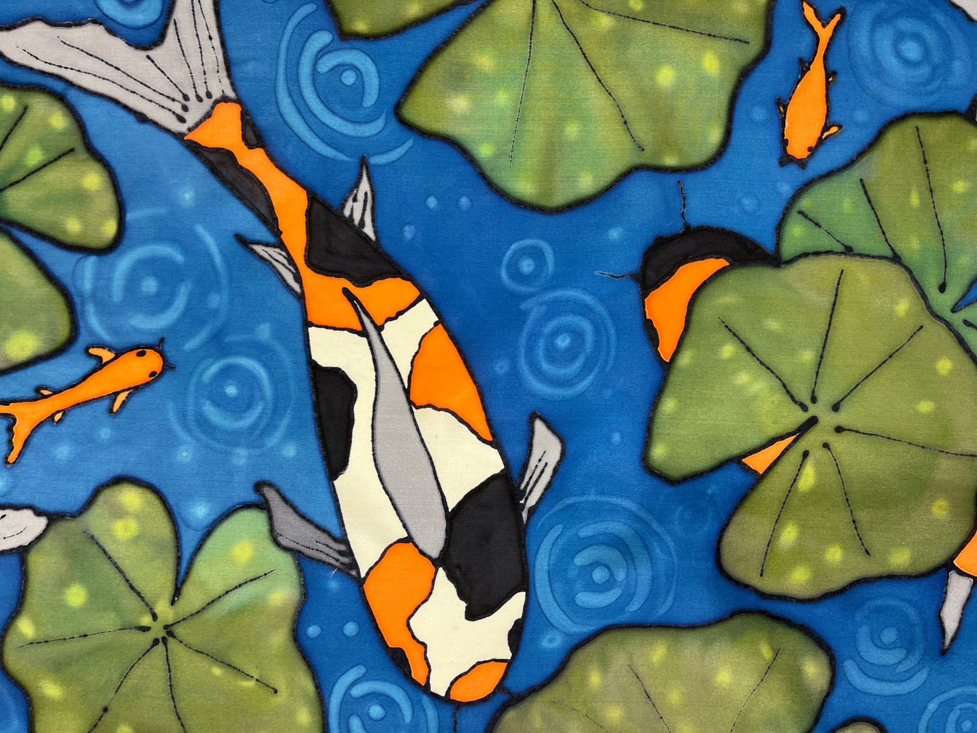 "Koi in Rainy Pond” - Hand-dyed Silk Wall Hanging  - $365