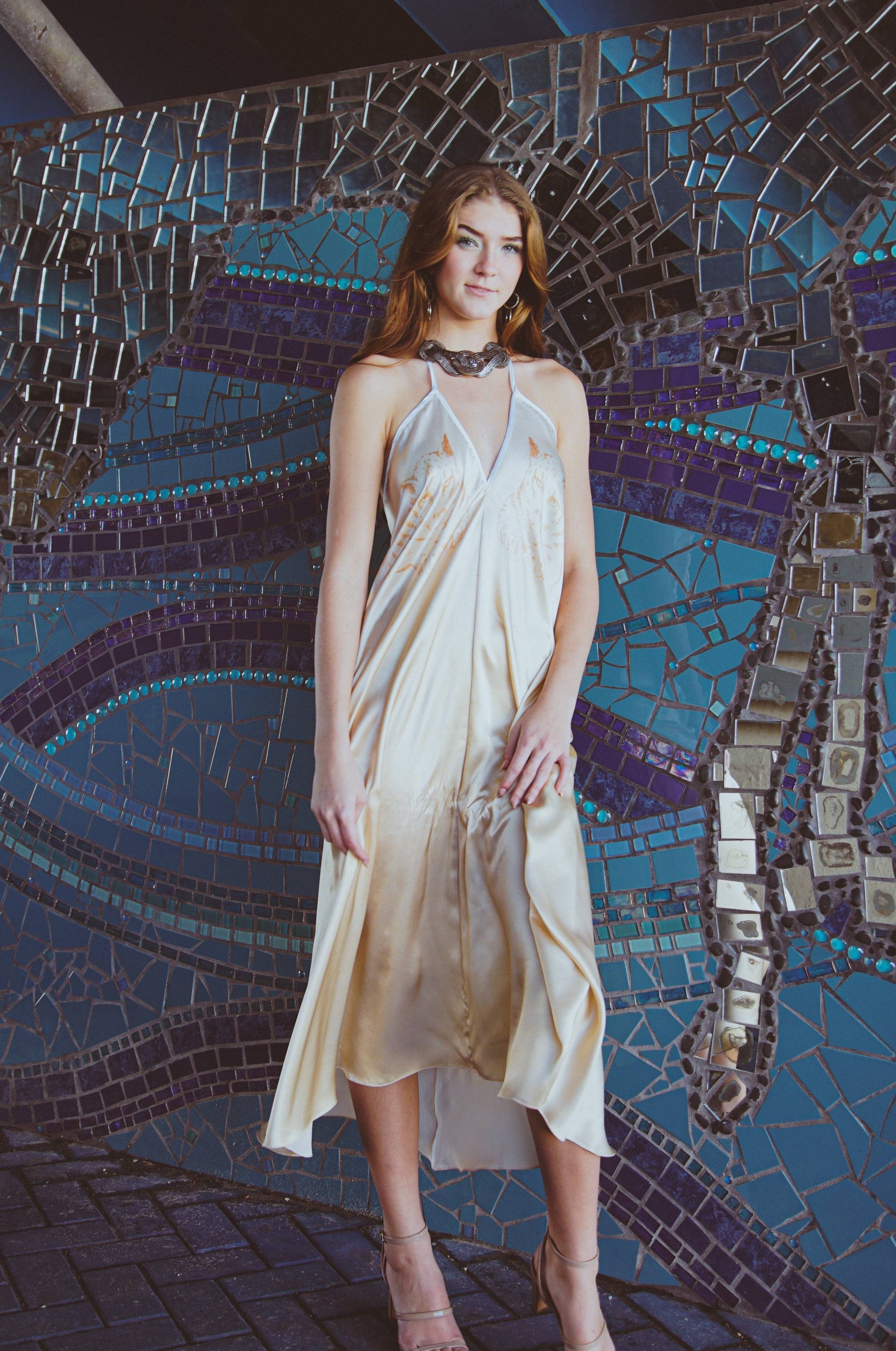 Silk Halter Dress in Dueling Jaguars