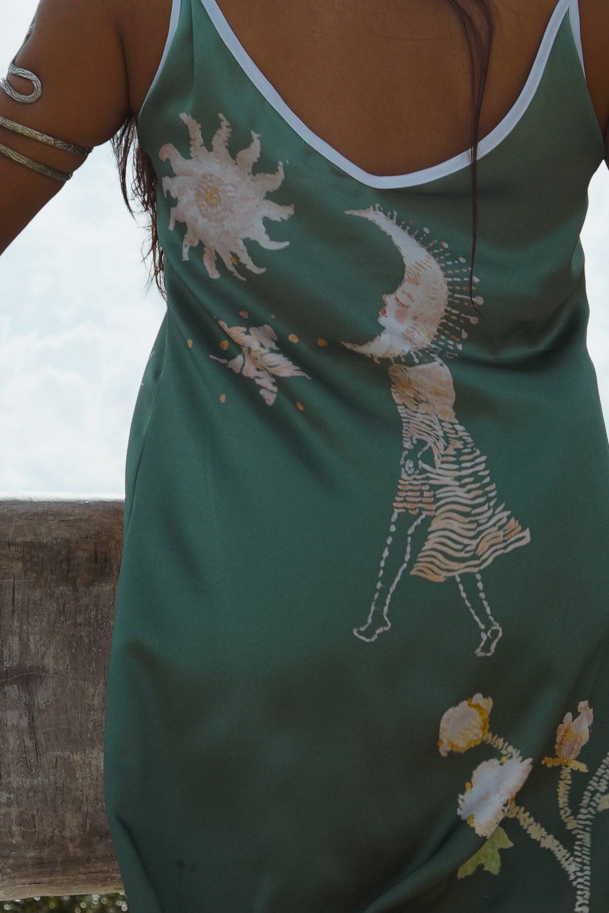 Vela Silk Slip Dress in Green Jungle Butterfly