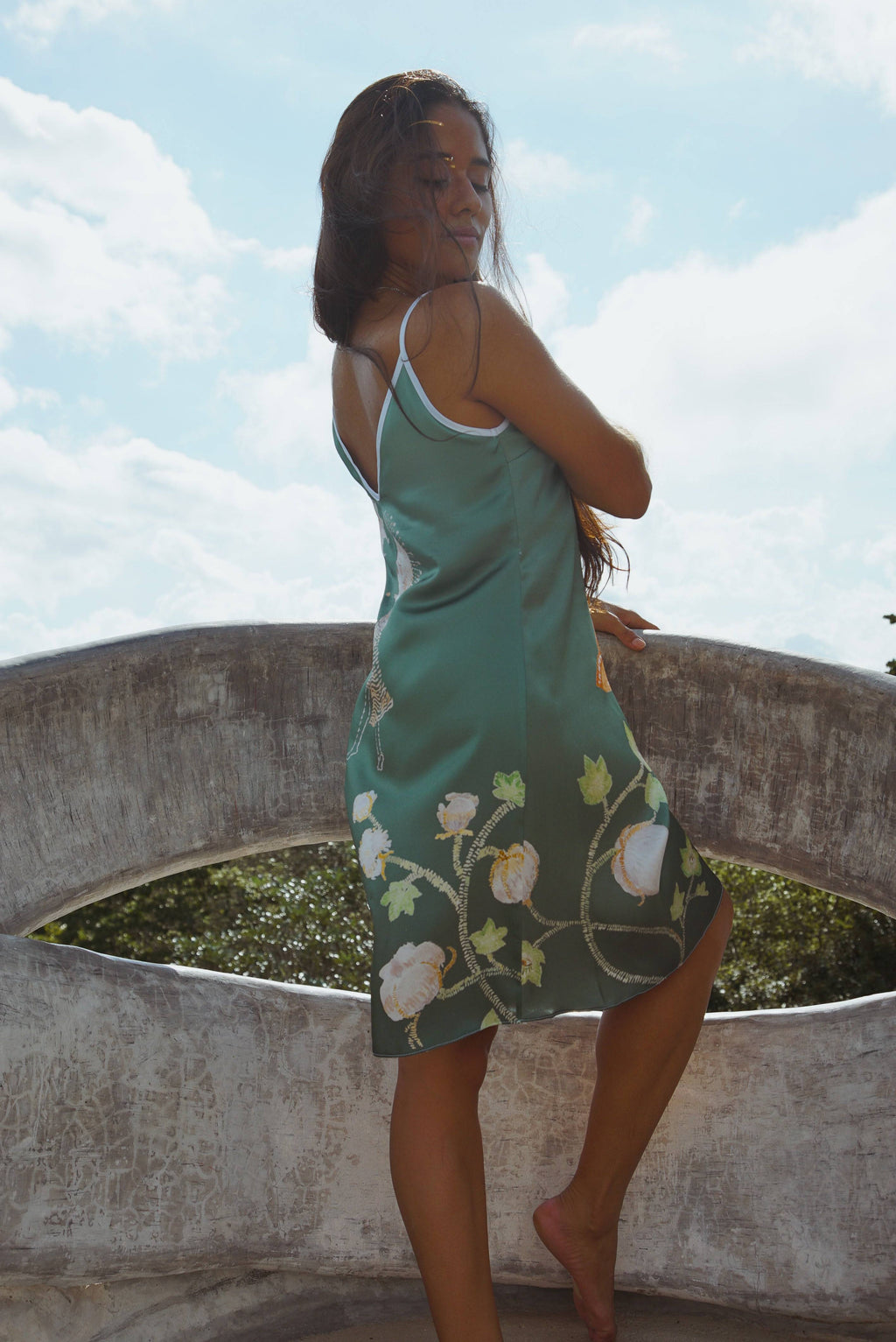 Vela Silk Slip Dress in Green Jungle Butterfly