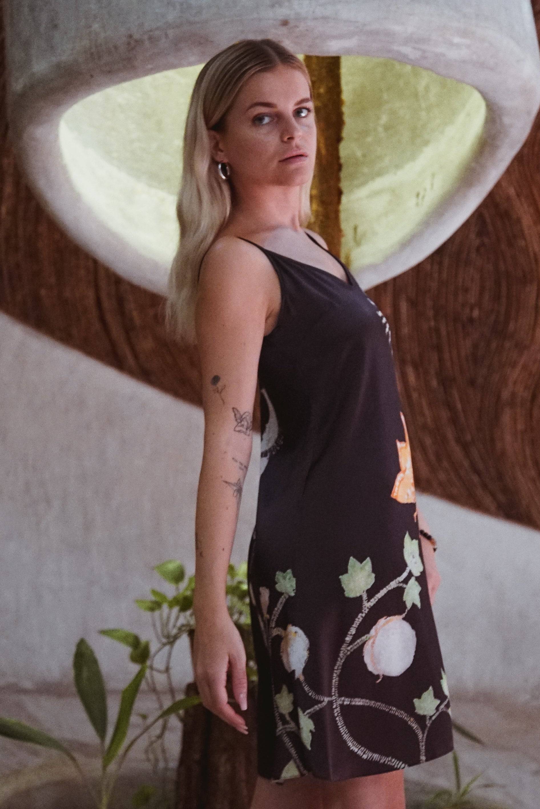 Vela Silk Slip Dress in Black Jungle Butterfly