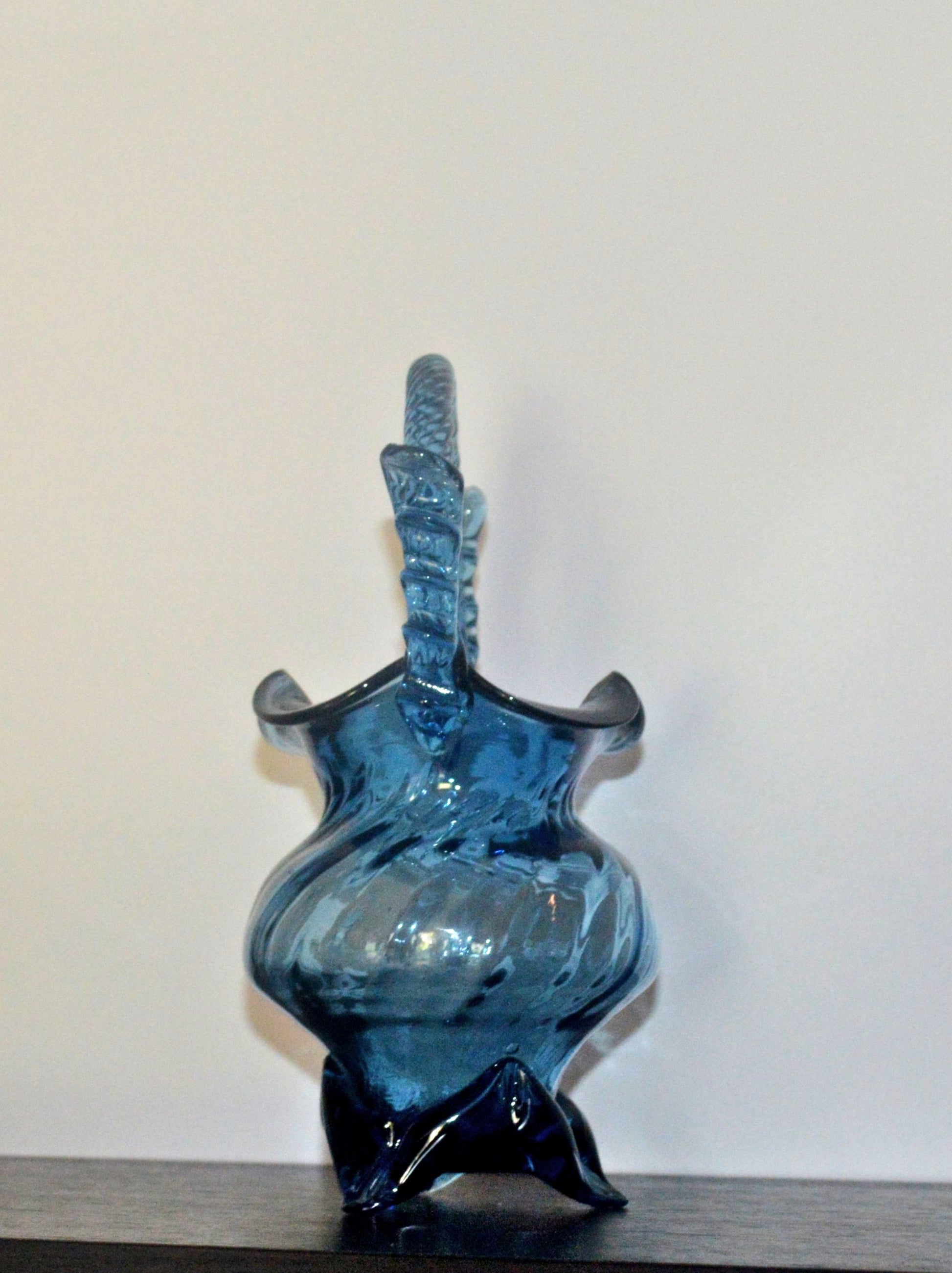 Sapphire Blue Art Glass Basket with Twisted Handle – Collectible Vase