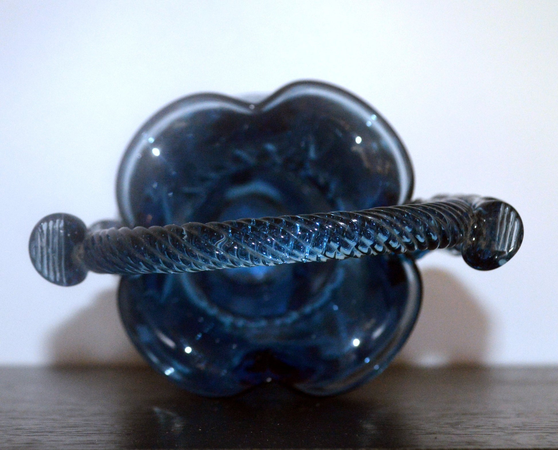 Sapphire Blue Art Glass Basket with Twisted Handle – Collectible Vase