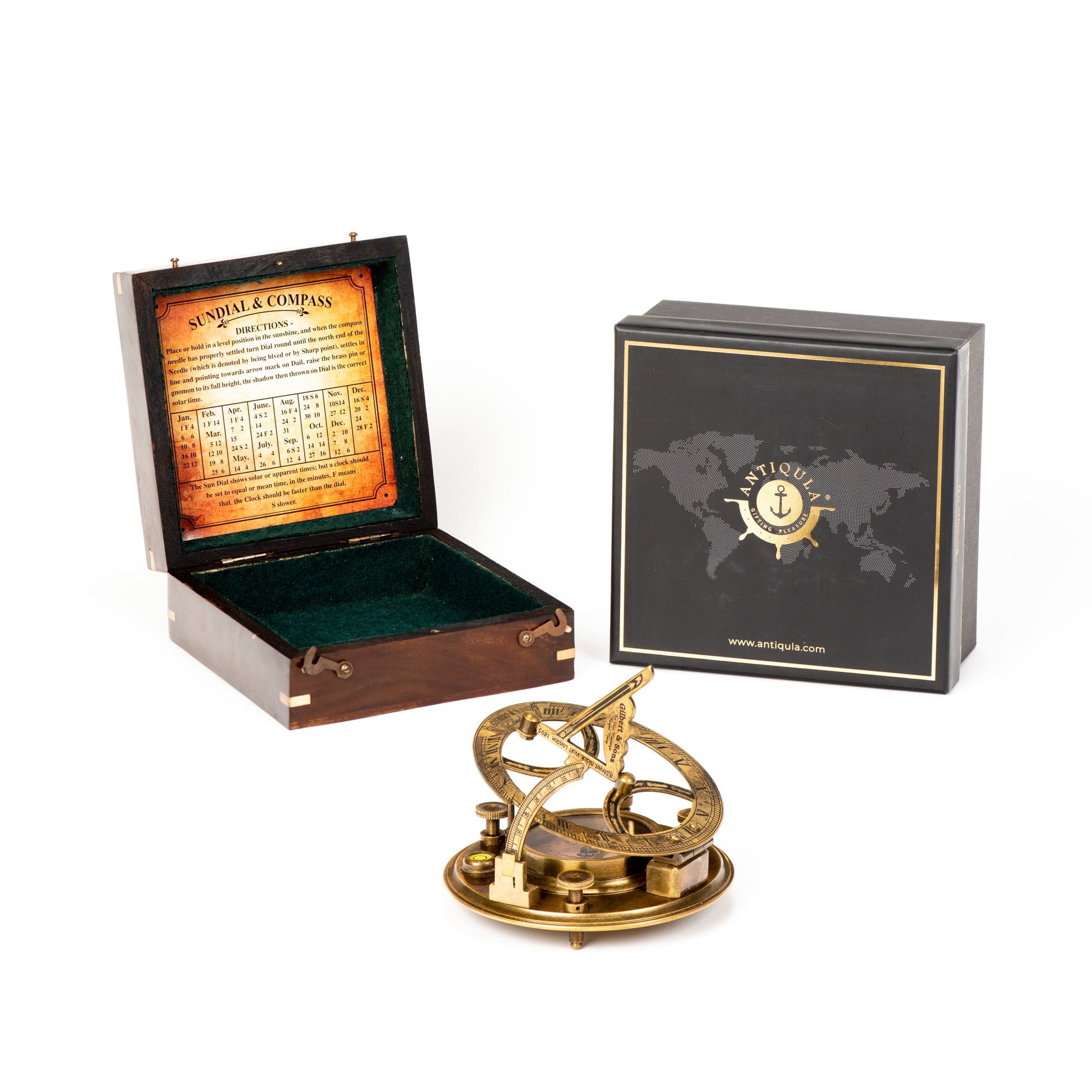 Brass Sundial Compass with Rosewood Box