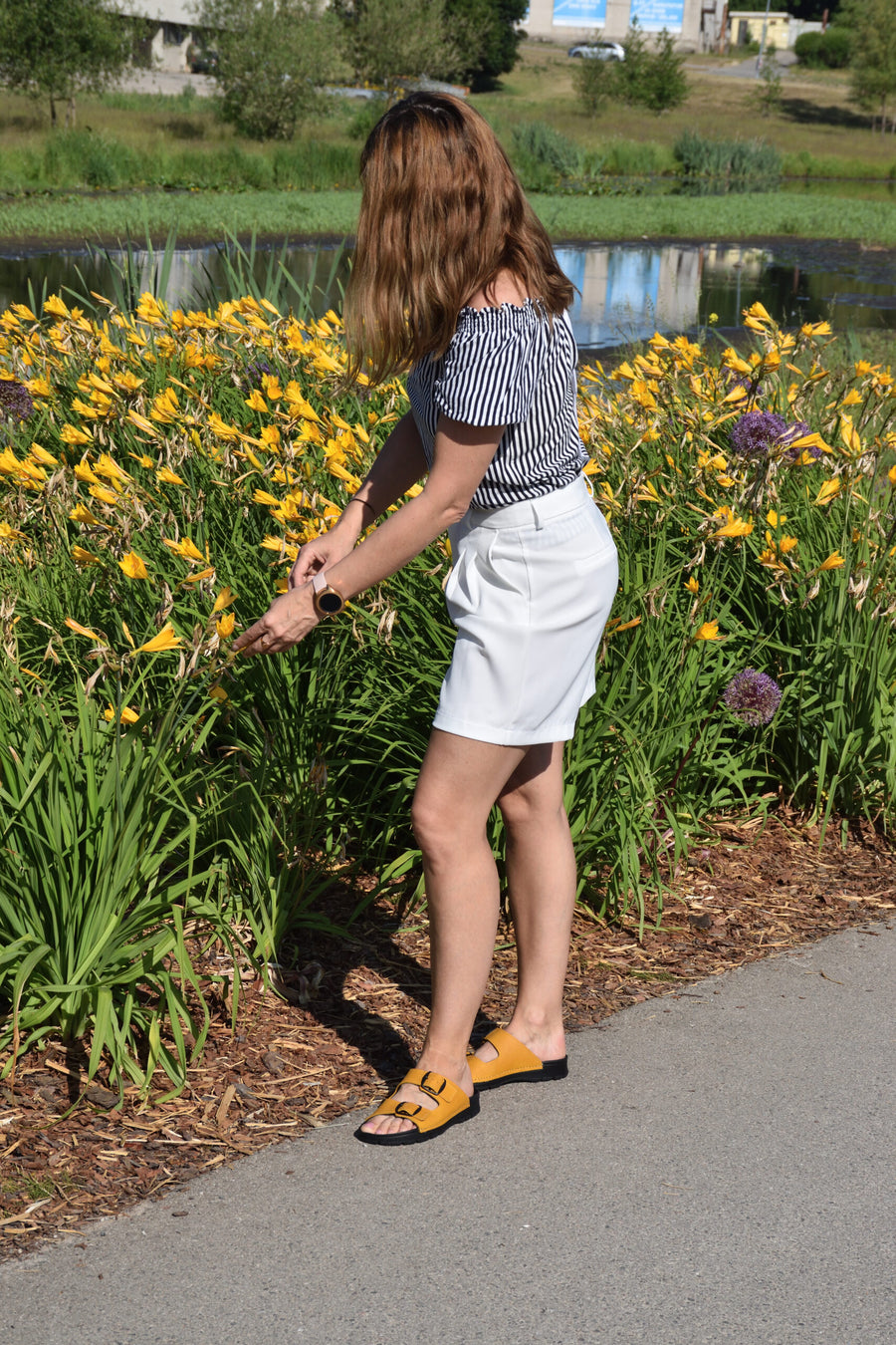 Meeliku Ocre Slides - Durable Handmade Leather Sandals for Women with Adjustable Straps by Omaking at www.brixbailey.com