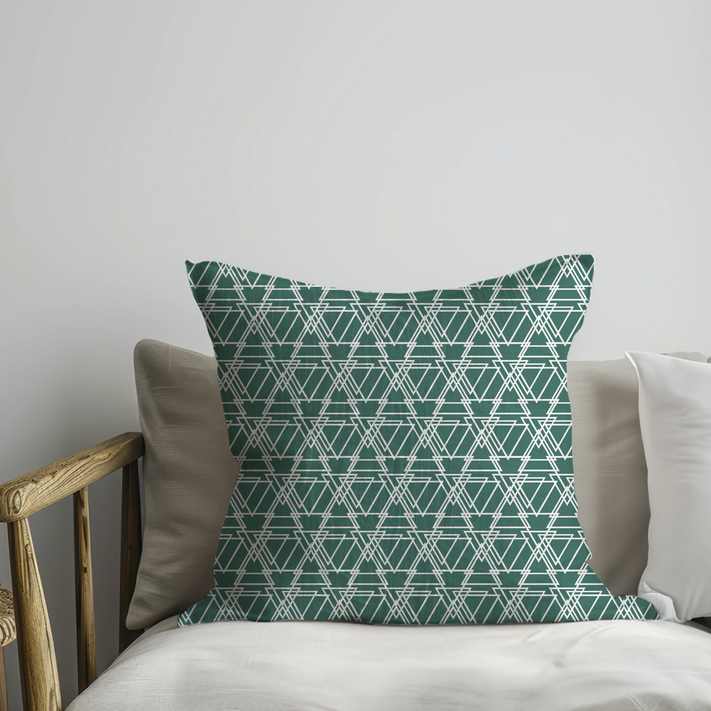 Dark Green Triangle Pattern Cushion – Modern Geometric Cotton Cushion Cover