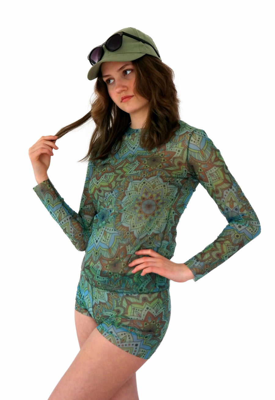 Tan-Through Long Sleeve Shirt – Green Mandala