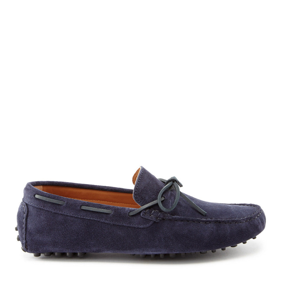 Navy Blue Suede Driving Loafers with Lacing