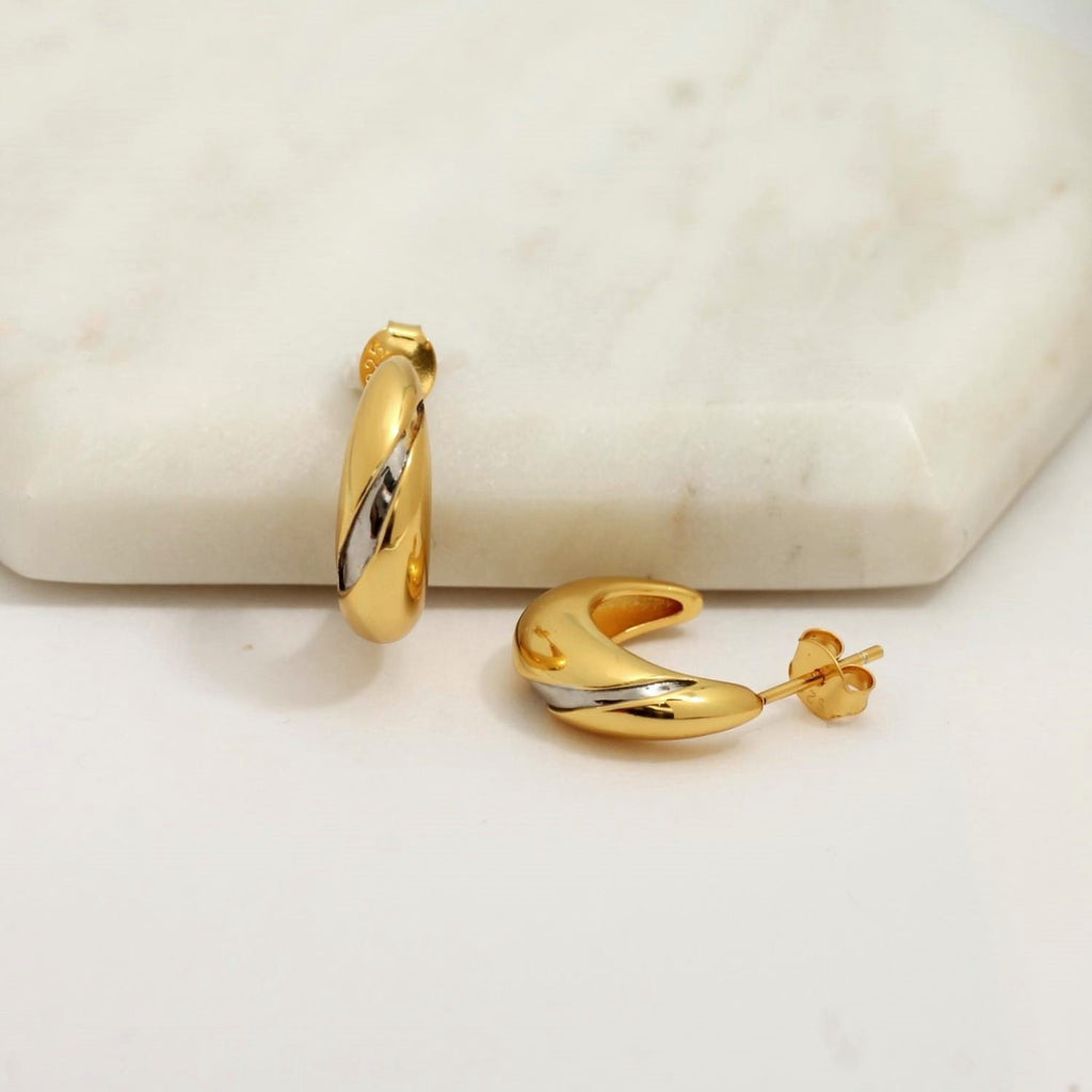 Dual Tone Teardrop Hoops in Silver and Gold