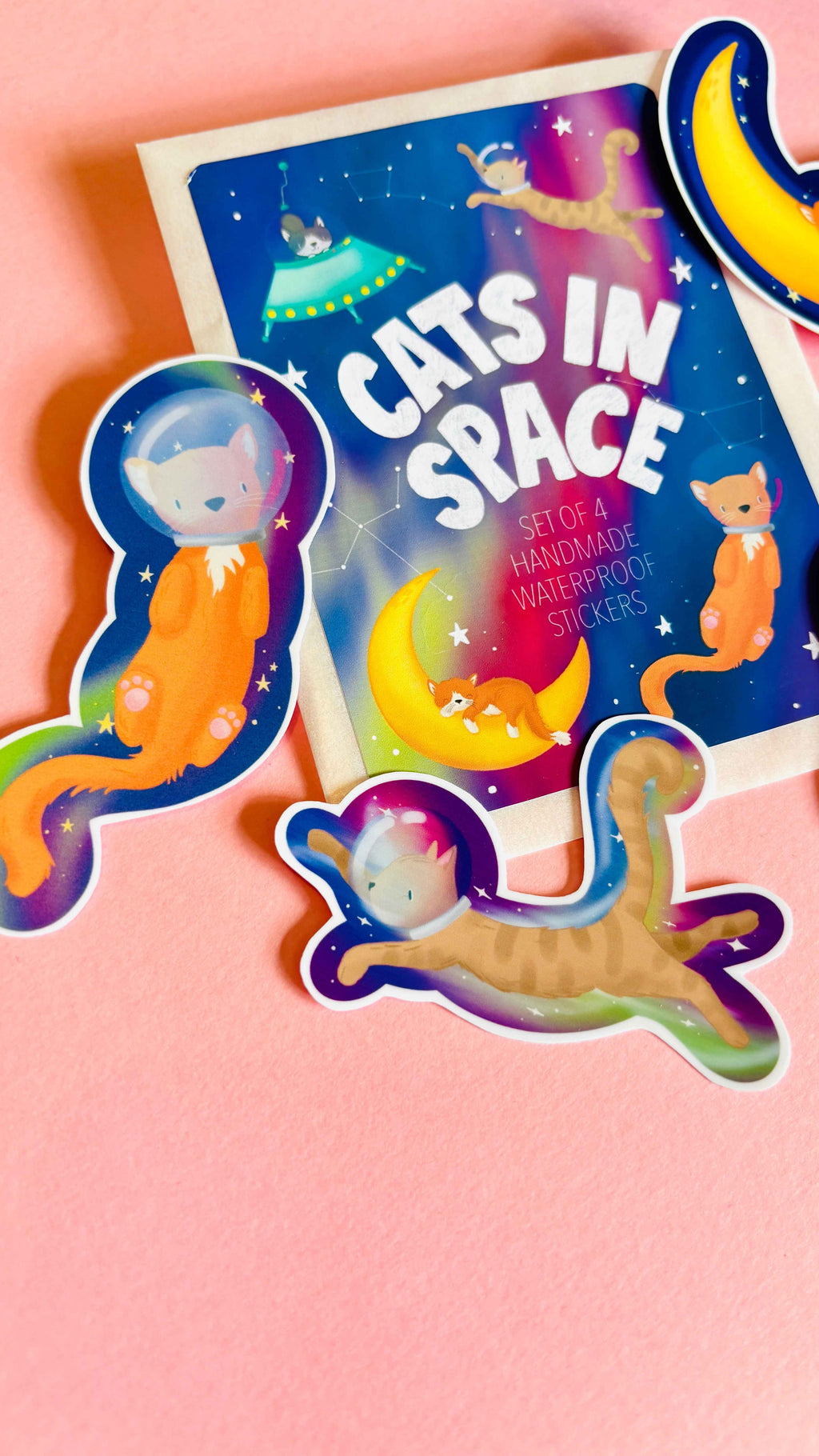 Space Cats Sticker Set- Handmade Set of 4 Waterproof Vinyl Stickers