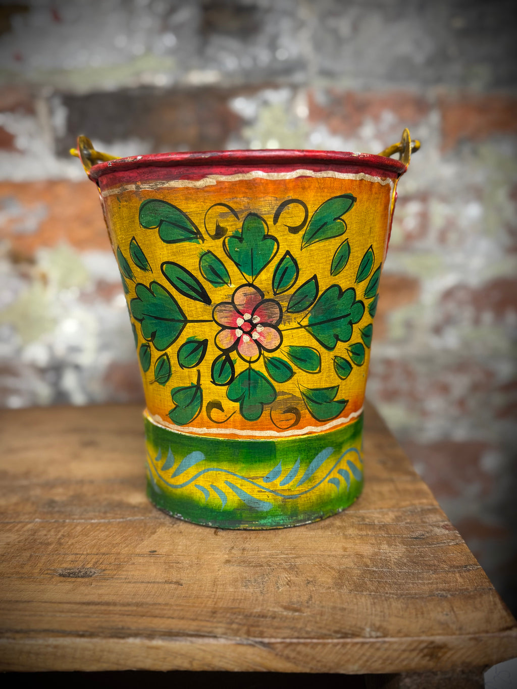 Vintage Small Hand Painted Bucket / Plant Pot / Herb Planter / yellow / Pail