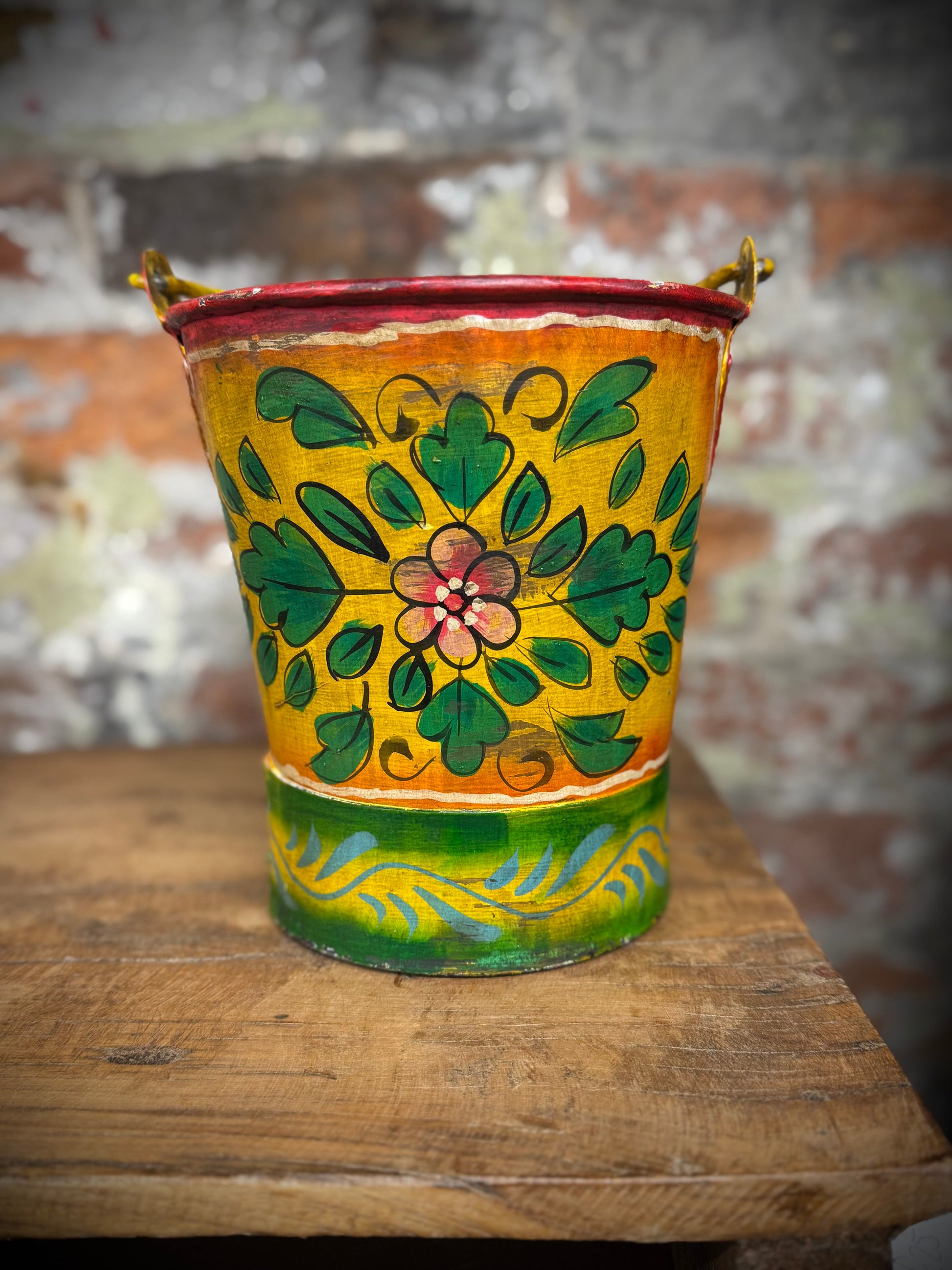 Vintage Small Hand Painted Bucket / Plant Pot / Herb Planter / yellow / Pail