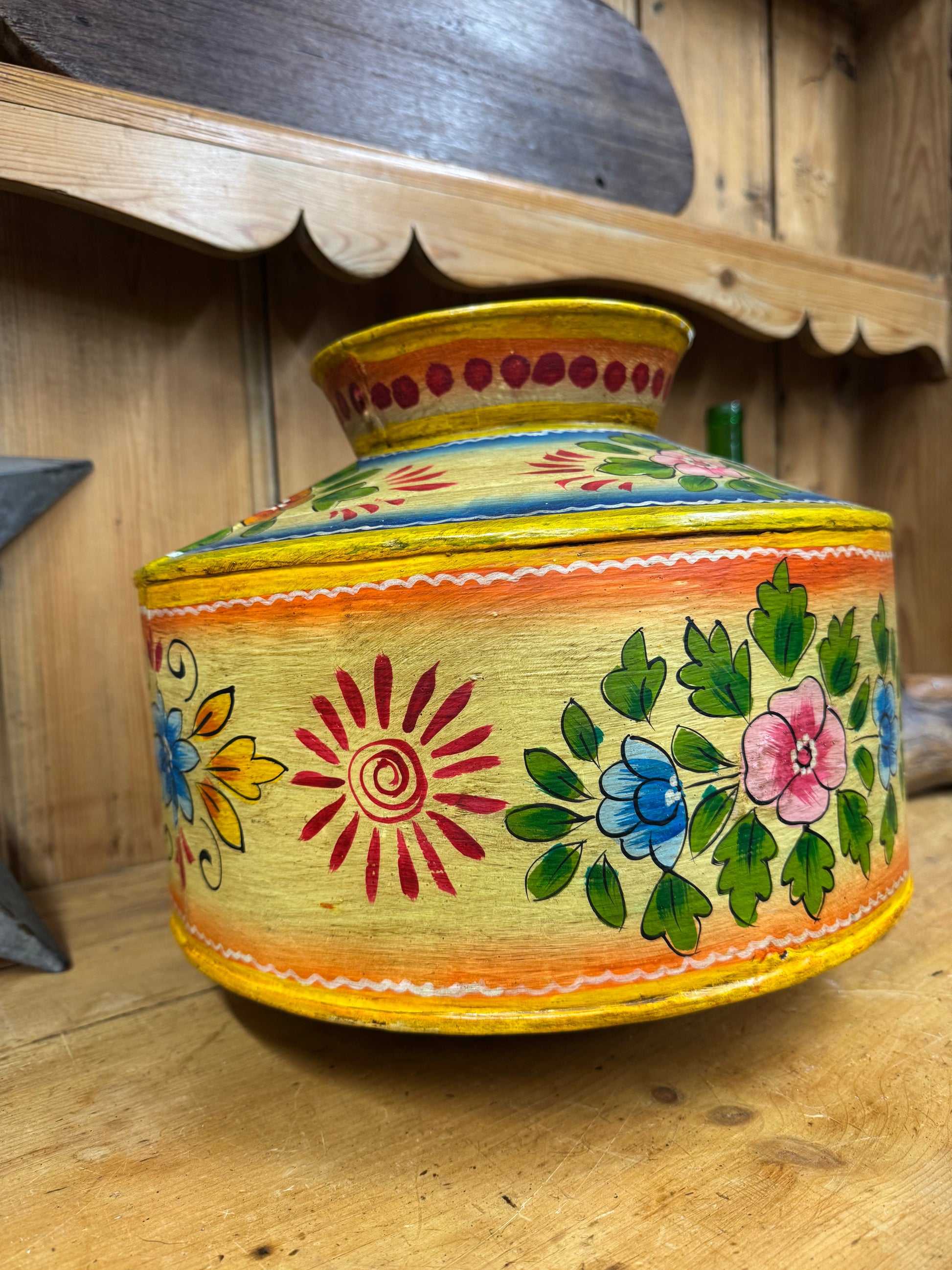 Vintage Painted Indian Water Pot / Decor  Handmade Metal Pot / Metal Vase / Narrow Boat / Gypsy / Rustic