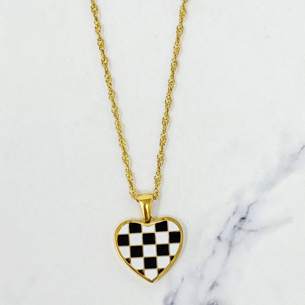 Checkered Heart Necklace in Gold Plated Stainless Steel