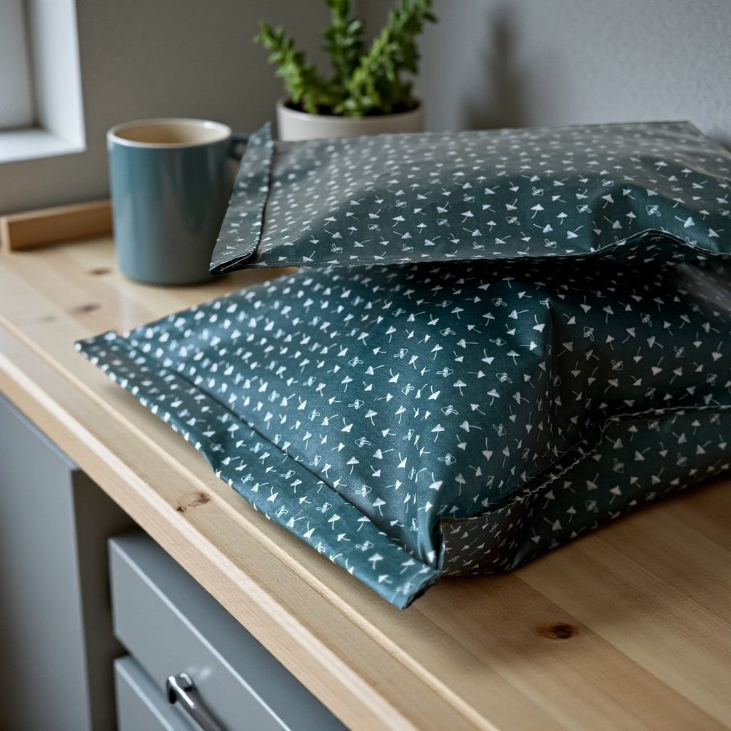 Reusable Beeswax Food Storage Bags – Toadstool Print (Forest Green)
