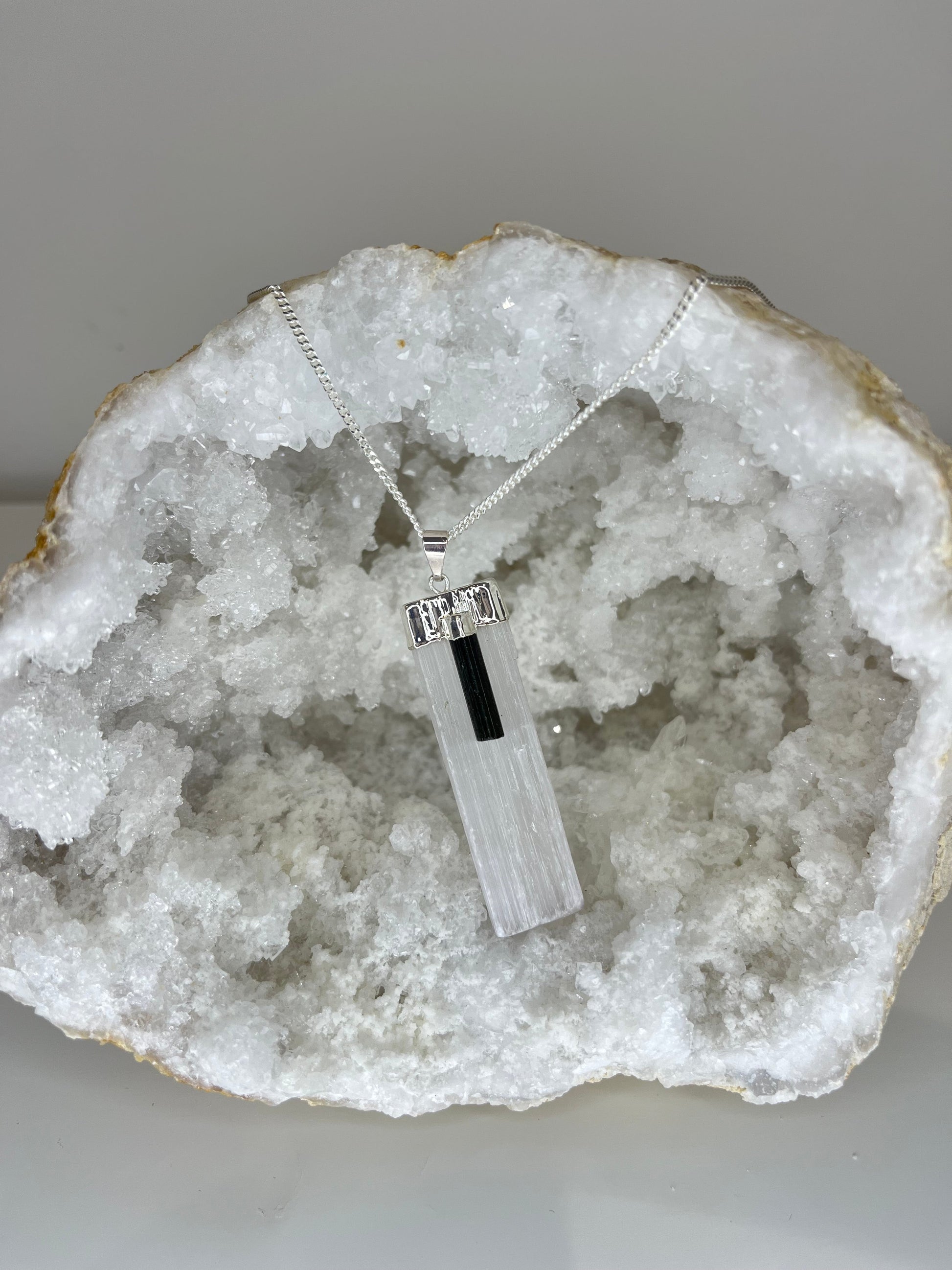 Selenite and Tourmaline Protection Wand Necklace 20 inch Silver Plated