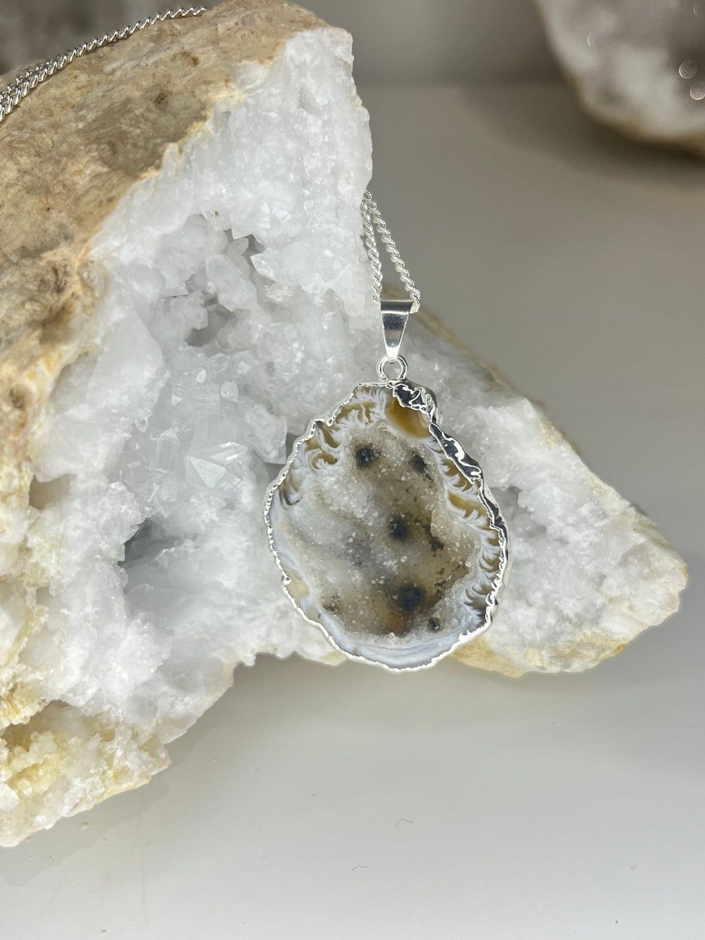 Natural Open Agate Geode Necklace in Silver