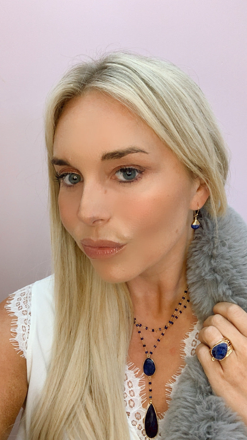 Double Sapphire Beaded Necklace with Teardrop Drop