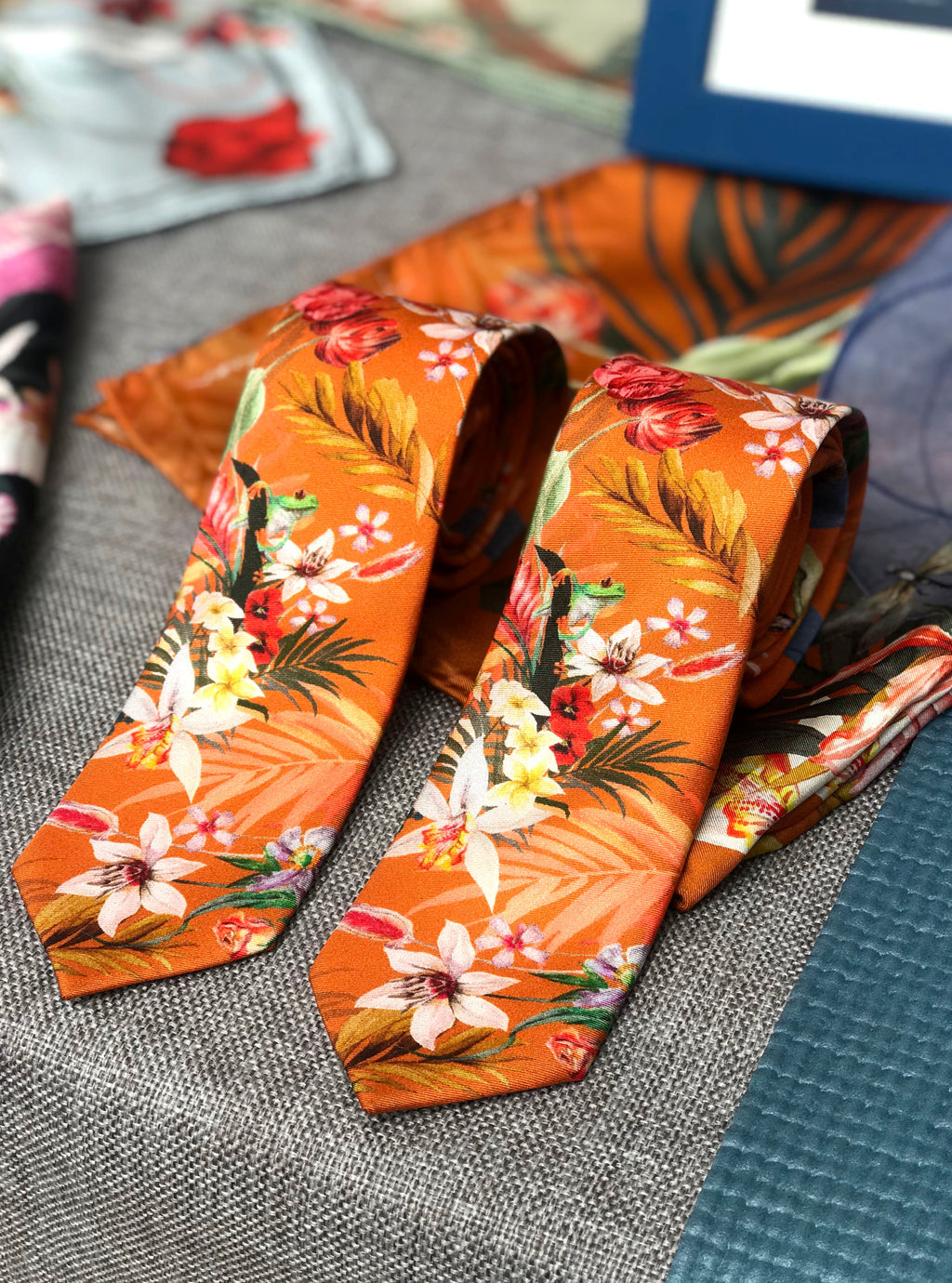 Rust Orange Silk Tie with Tropical Eden Print