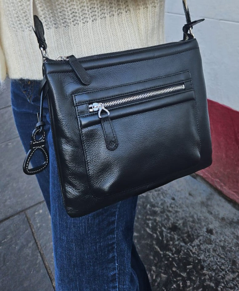 Ellen Leather 3 Section Zip Top Crossbody Bag