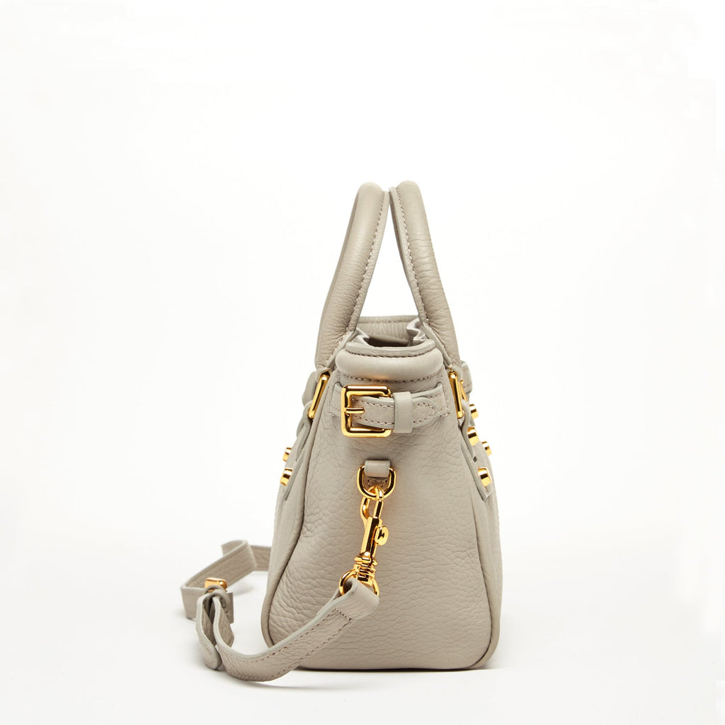 Grayish Beige Leather Satchel Bag with Top Handles for Women