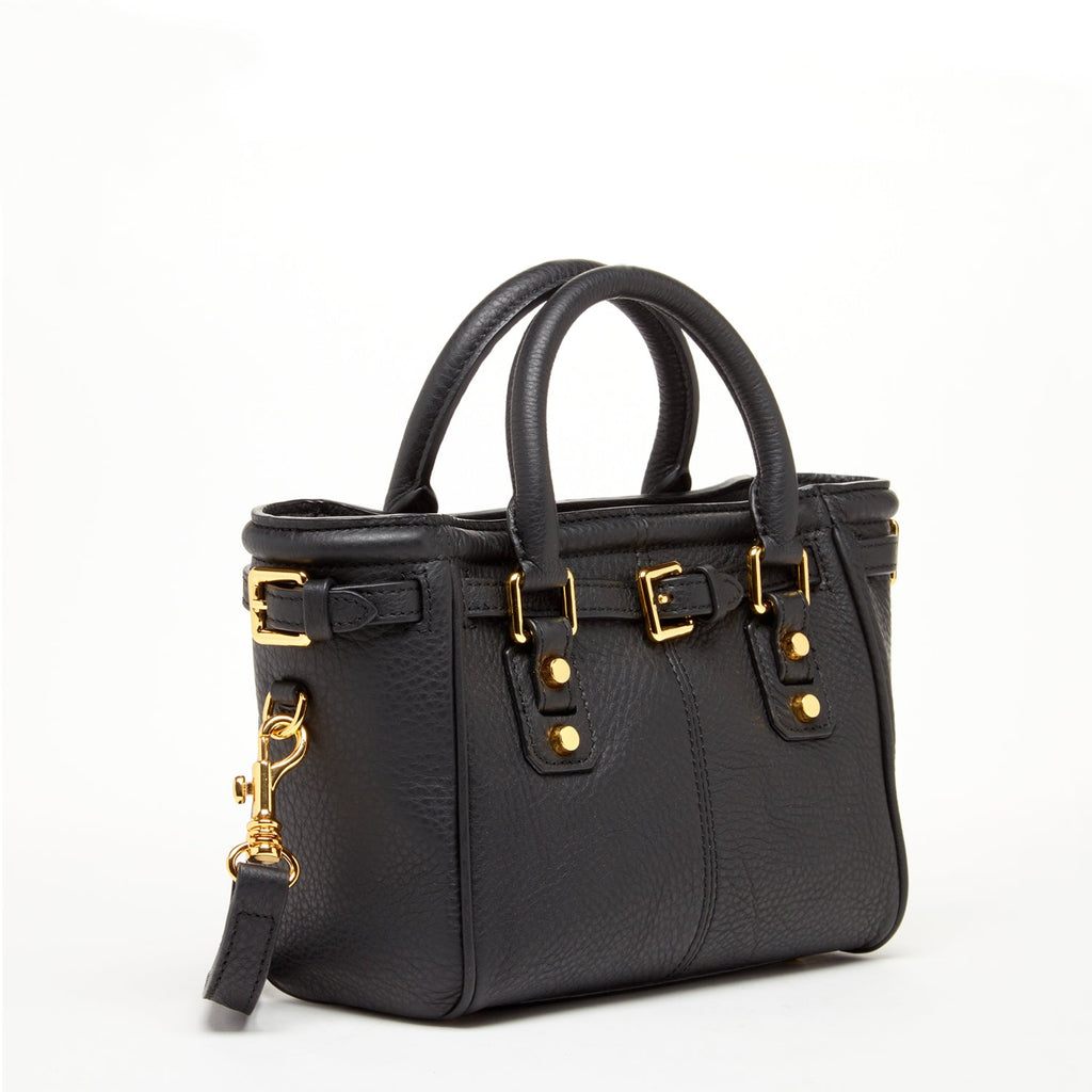 Black Leather Top Handle Satchel Bag with Crossbody Strap