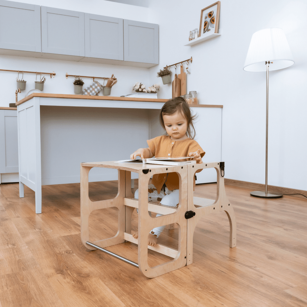 STEP'n'SIT® Convertible 2-in-1 Helper Tower/Table With Support Legs - Natural wood