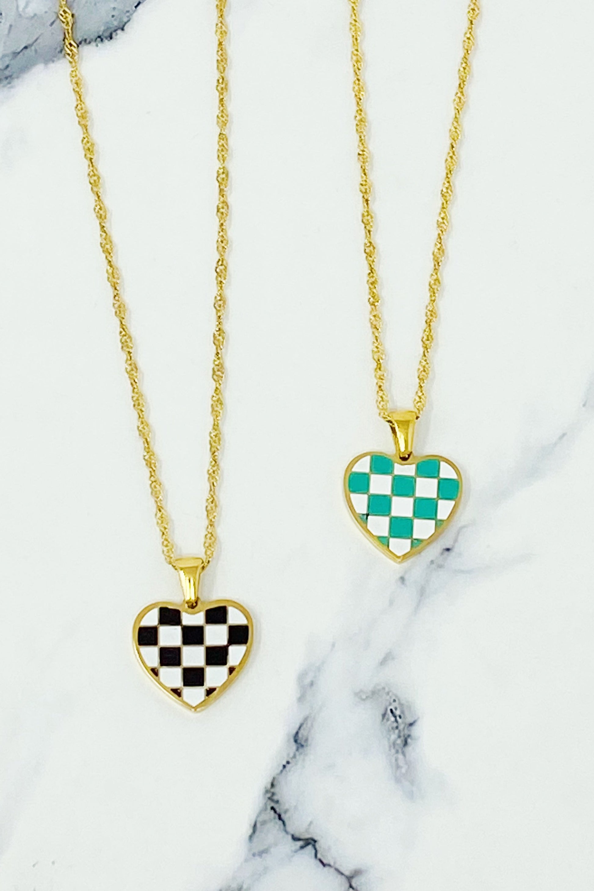 Checkered Heart Necklace in Gold Plated Stainless Steel