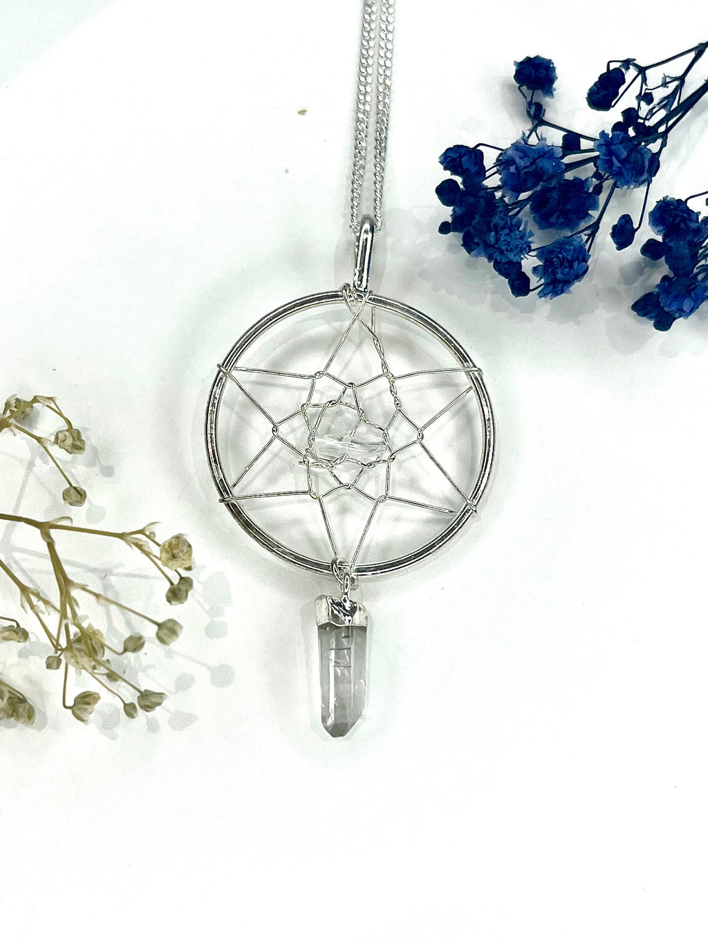 Quartz Dreamcatcher Pendant Necklace with Silver Plated Chain