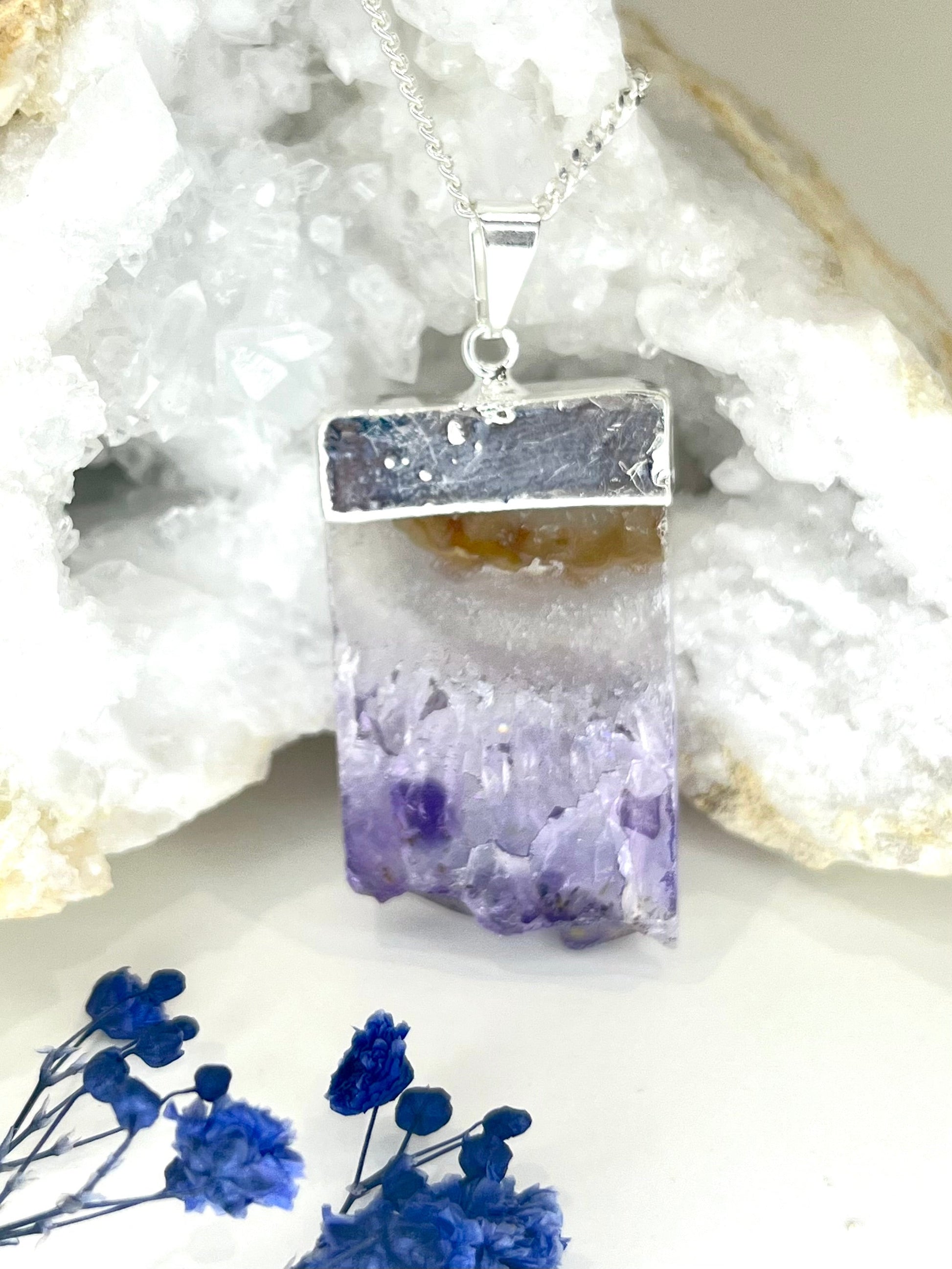 Natural Amethyst Slice Necklace with Silver Chain