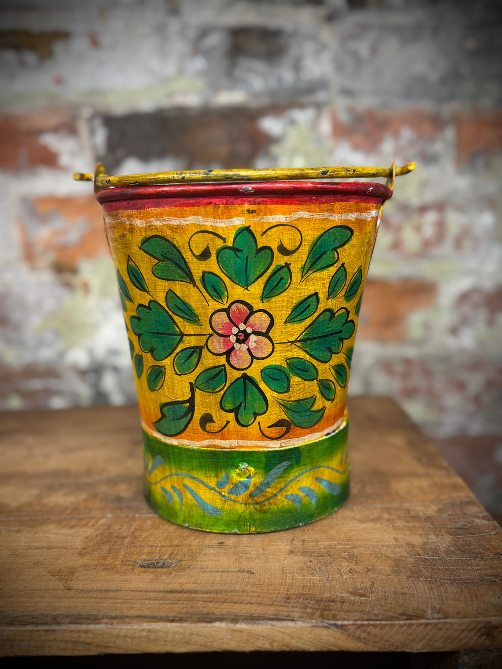 Vintage Small Hand Painted Bucket / Plant Pot / Herb Planter / yellow / Pail