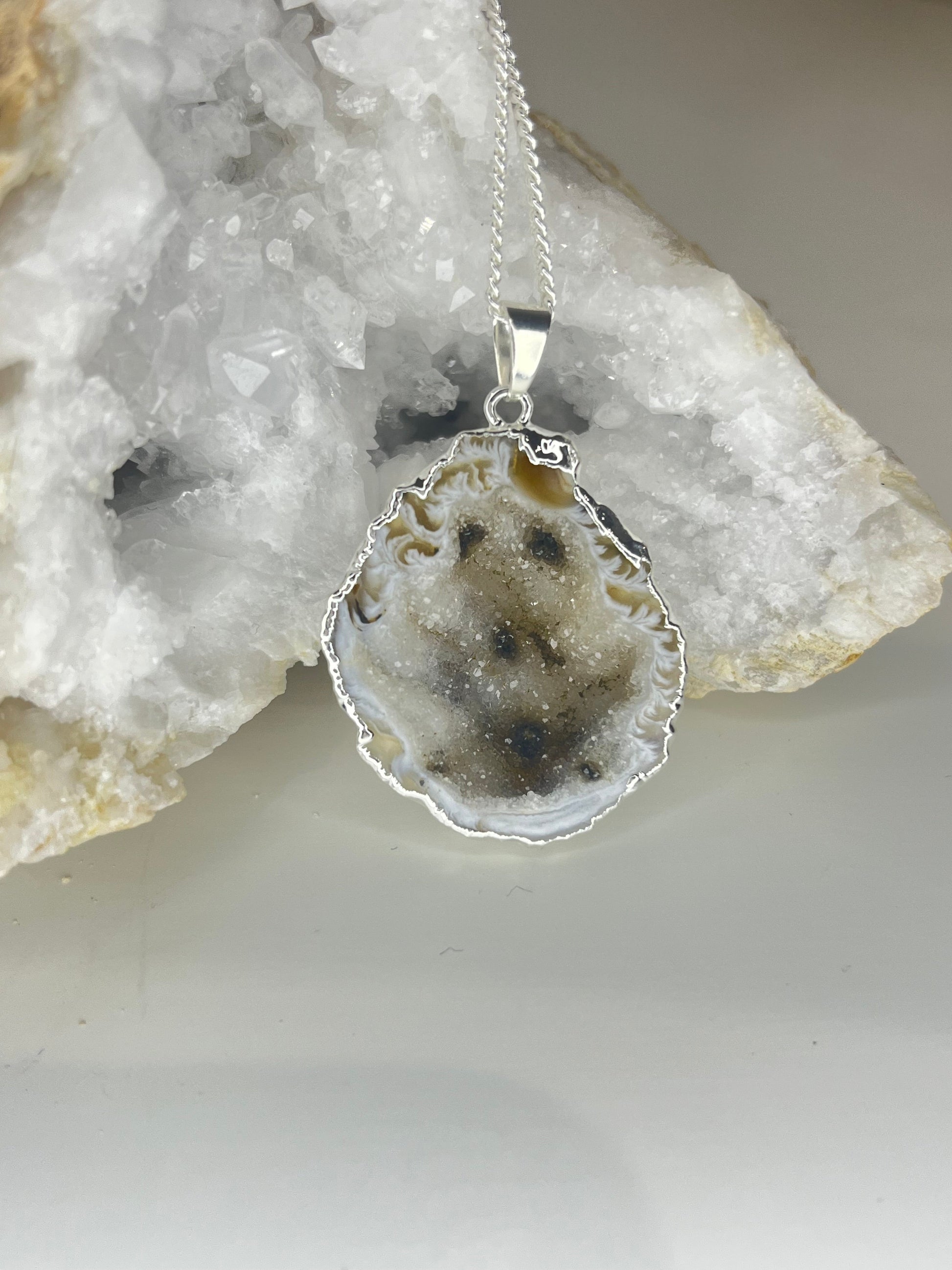 Natural Open Agate Geode Necklace in Silver